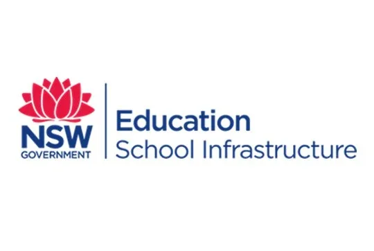 NSW Government Education School Infrastructure logo with red lotus flower, blue text, and a vertical line separating the symbols.