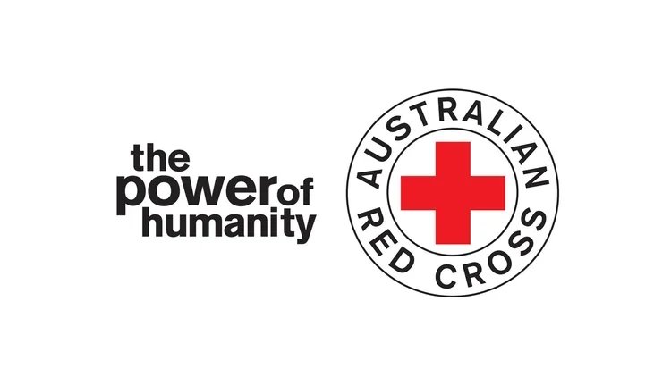 The image features the logos of the Australian Red Cross and the phrase 'the power of humanity' in black text.