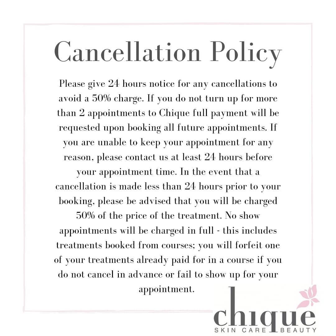 A gentle reminder of our cancellation policy here at Chique.

If you cannot make your appointment we completely understand, but please give us at least 24hrs notice in order for us to be able to fill the slot. We have a big cancellation list always w