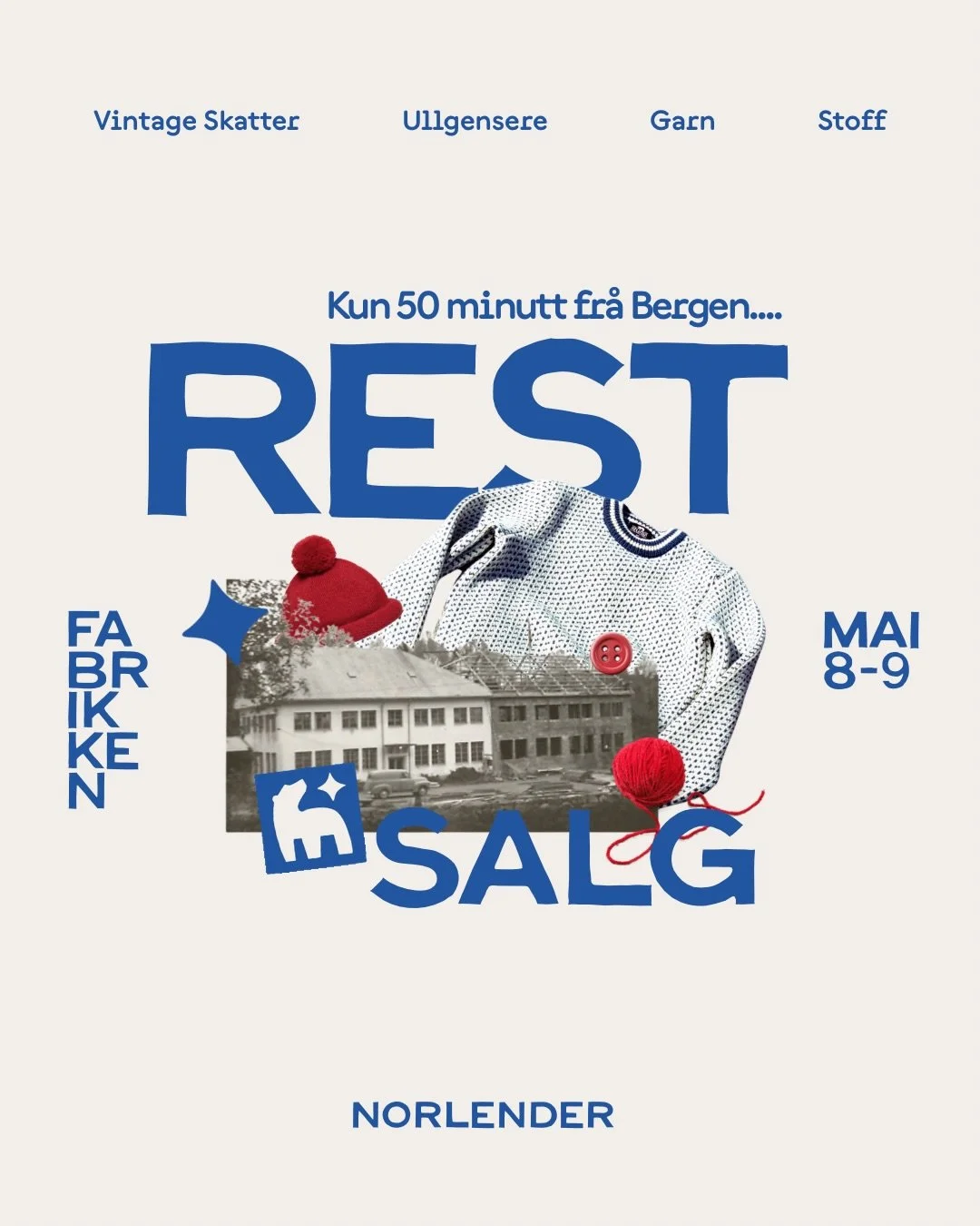 Salget er ope! Velkommen innom oss i dag og i morgon p&aring; skattejakt i v&aring;r historiske strikkefabrikk. Flotte reservarer av garn, glidel&aring;ser, stoff, plagg fr&aring; 80- &amp; 90-tallet, bomull og ull! 

Ope i dag til 20:00 og i morgon 