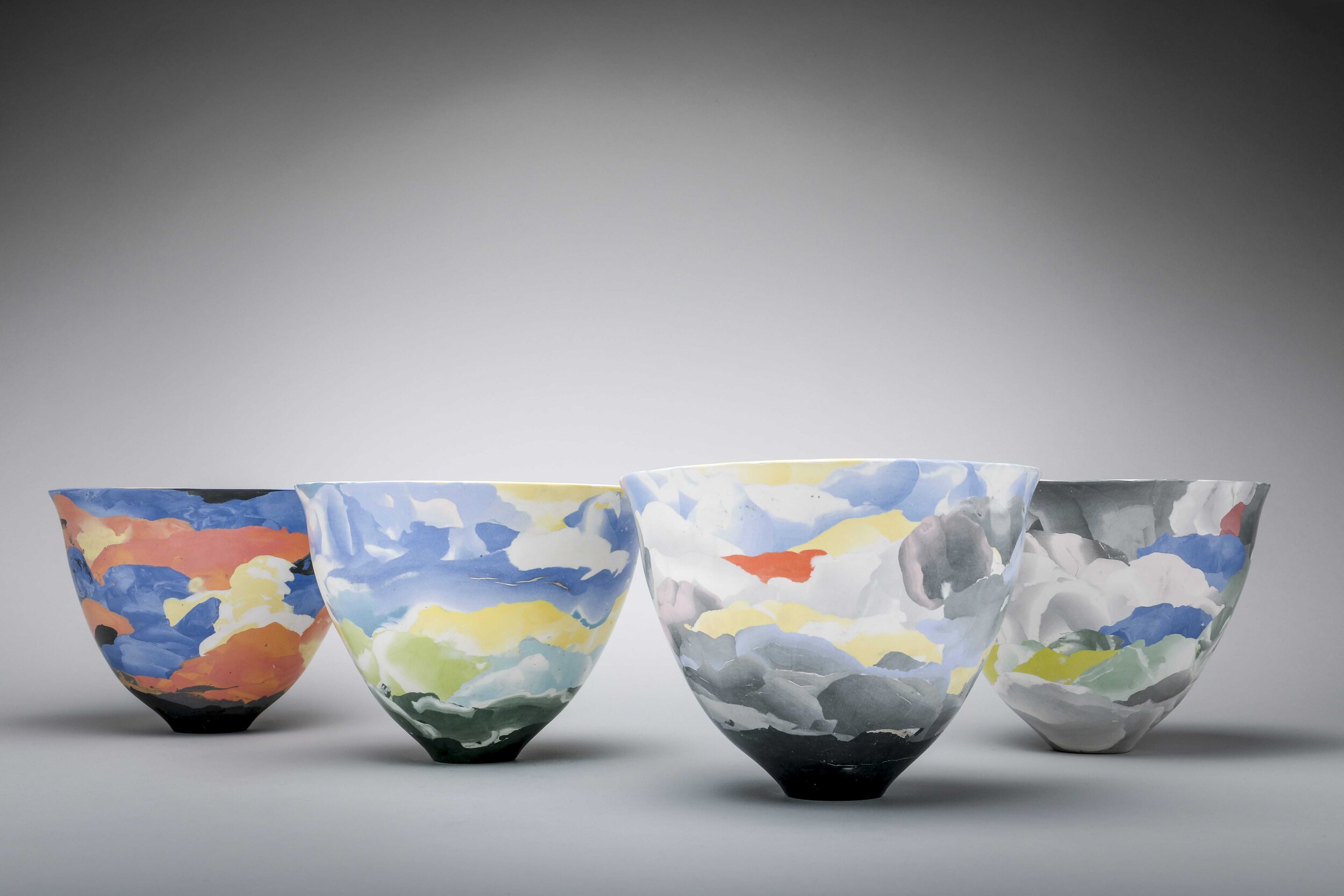 A group of four nerikomi bowls