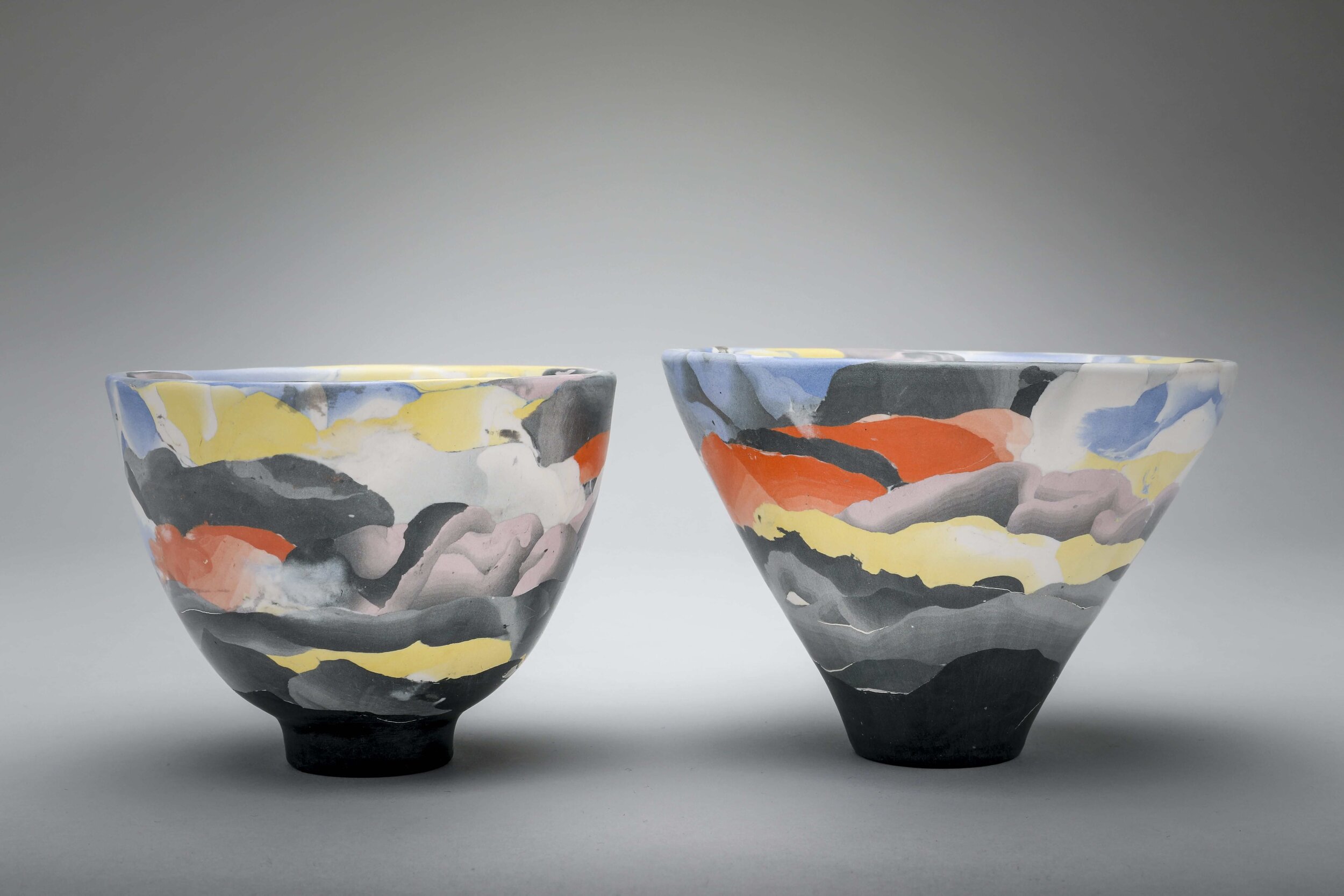 Porcelain Nerikomi bowls with silver Kintsugi