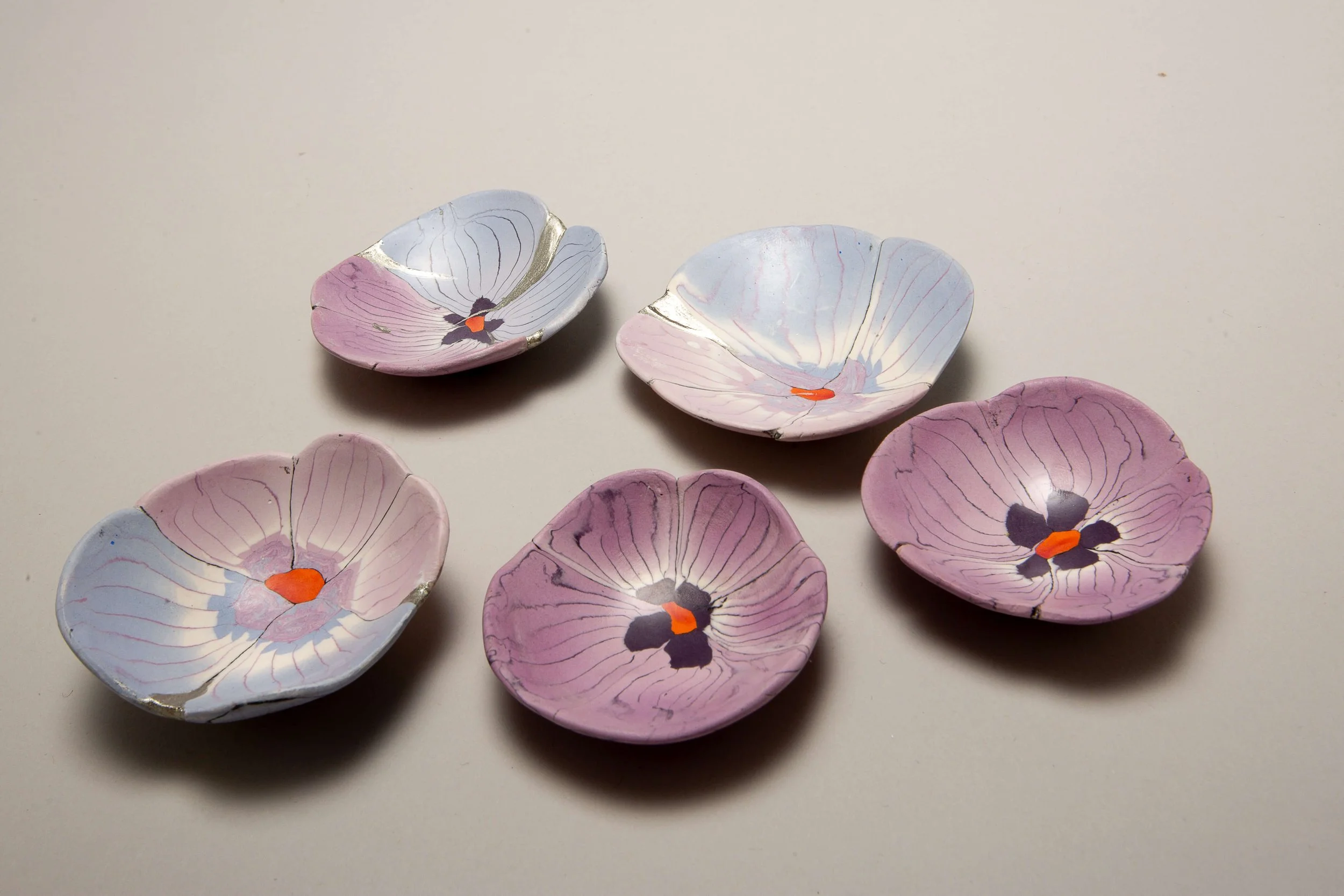 Small Nerikomi bowls
 
 Coloured porcelain with silver Gintsugi detail 
 Various sizes 
 Sold 