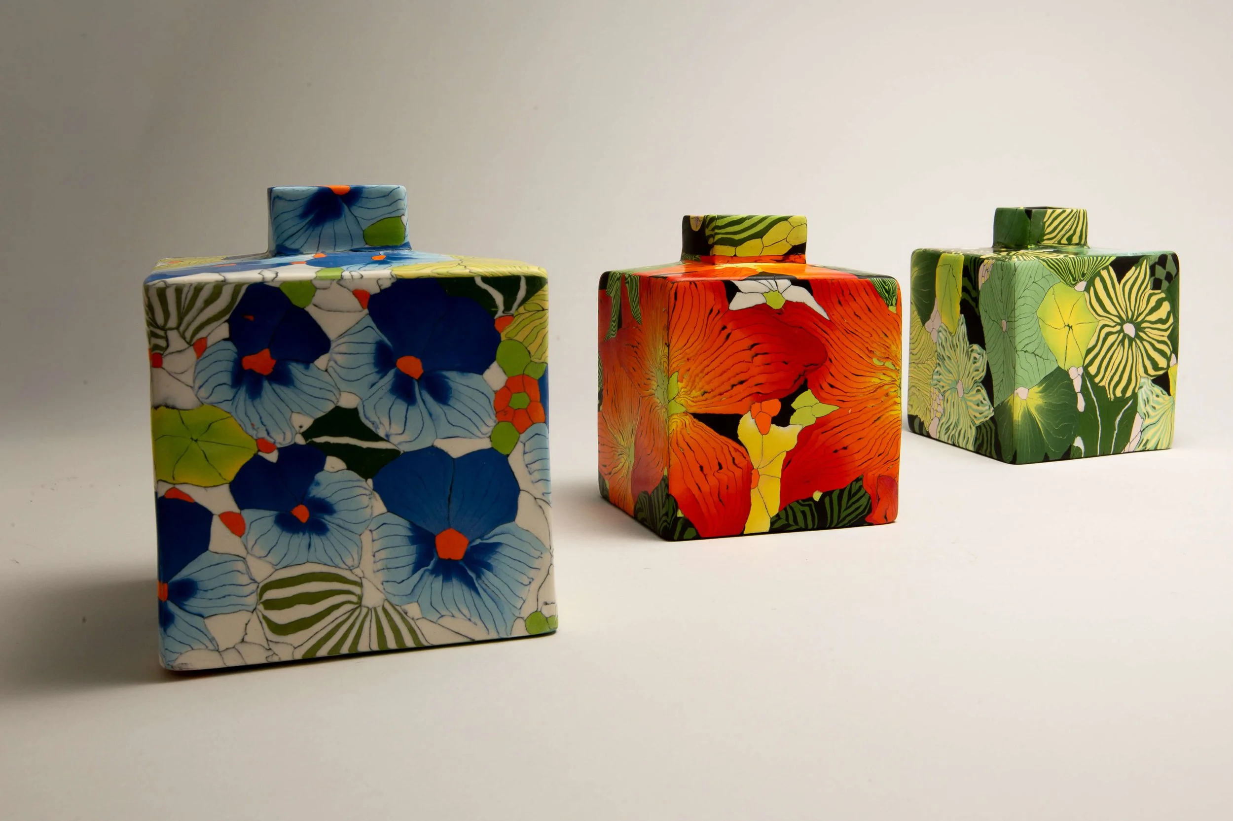 Cubed Nerikomi bottles
 
 Coloured porcelain 
 9 x 9 x 10  Available from the  CPA  