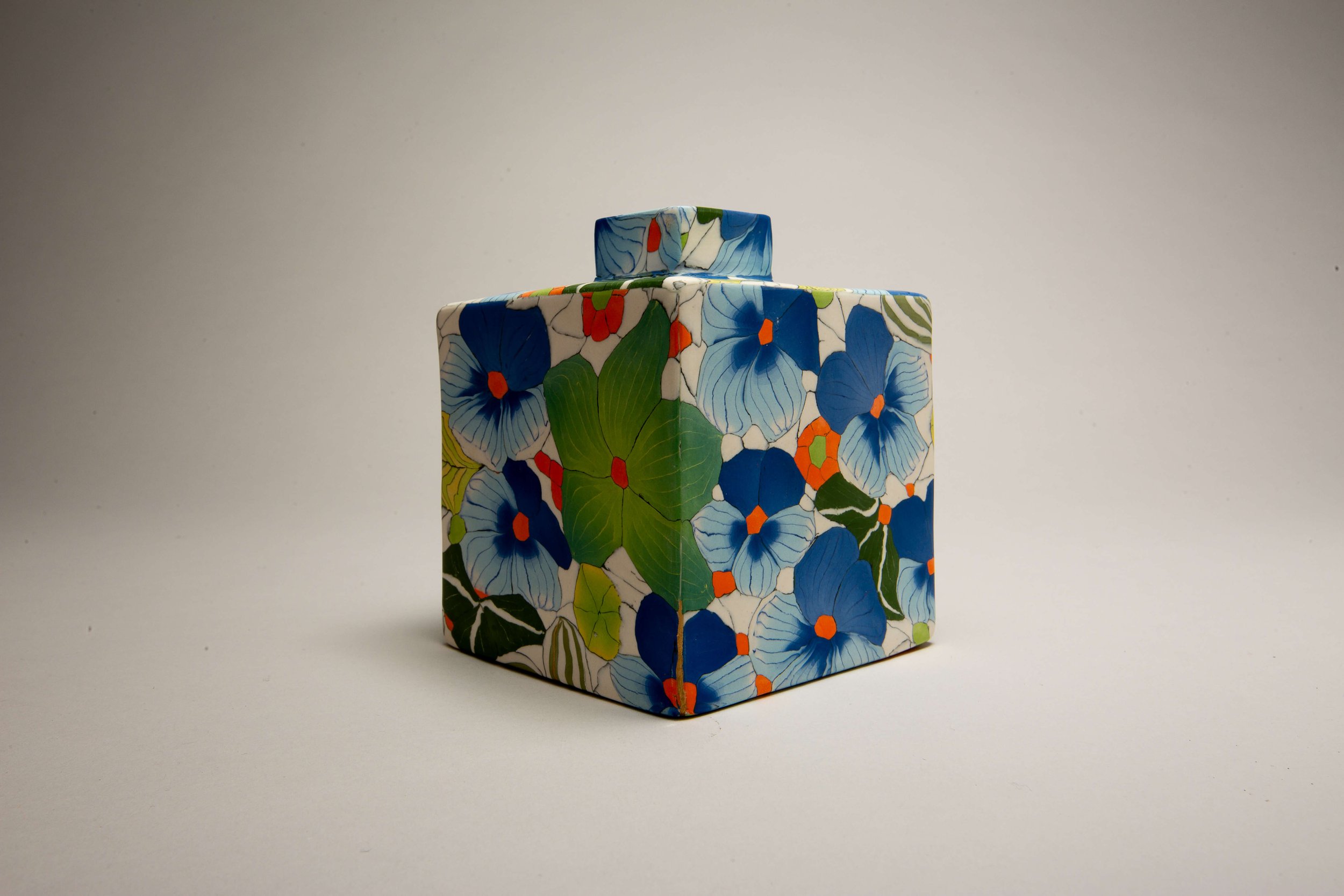 Cubed Nerikomi bottle
 
 Coloured porcelain 
 9 x 9 x 10  Available from the  CPA  