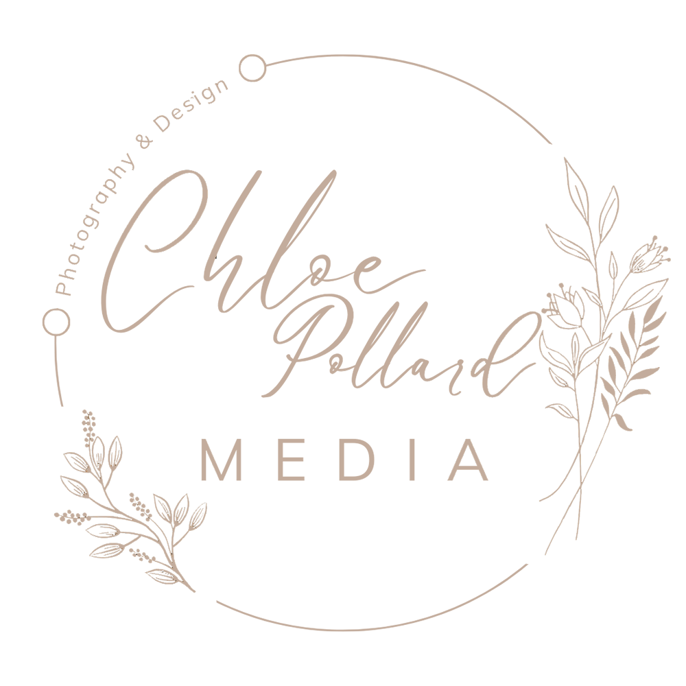 Logo for Chloe Pollard Media featuring handwritten script for the name, decorative floral elements, and the text 'Photography & Design' in a circular arrangement on a black background.
