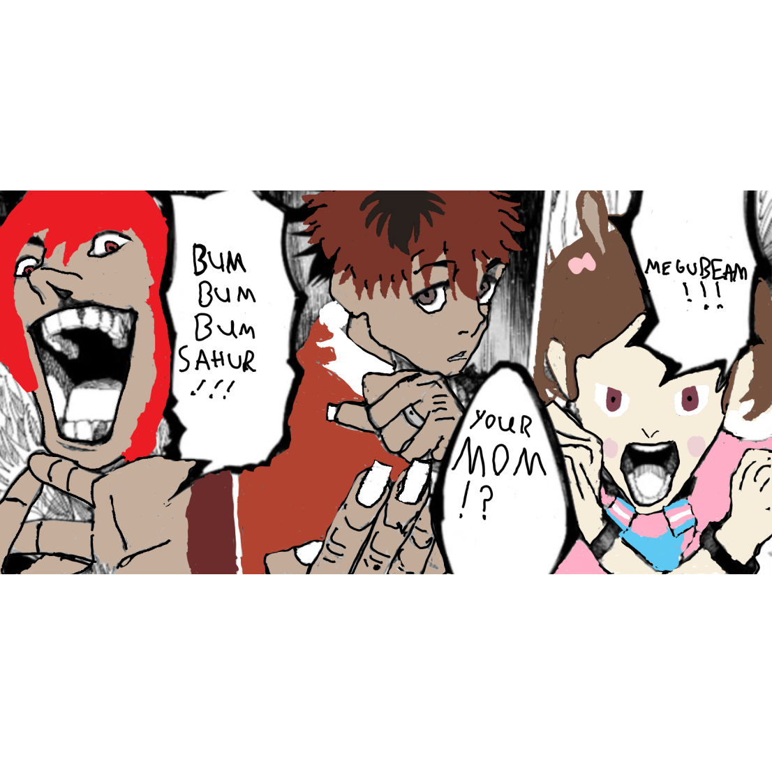 Fan art depicting the ever heated rivalry of Megumi, HI, and Zozo present within the Magic Arena Discord Server referencing JJK: Culling Games. Piece made by TheLonelyMimikyu