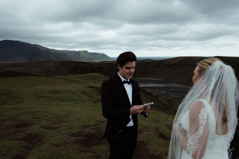 bride and groom in their wedding in the highlands of Iceland
