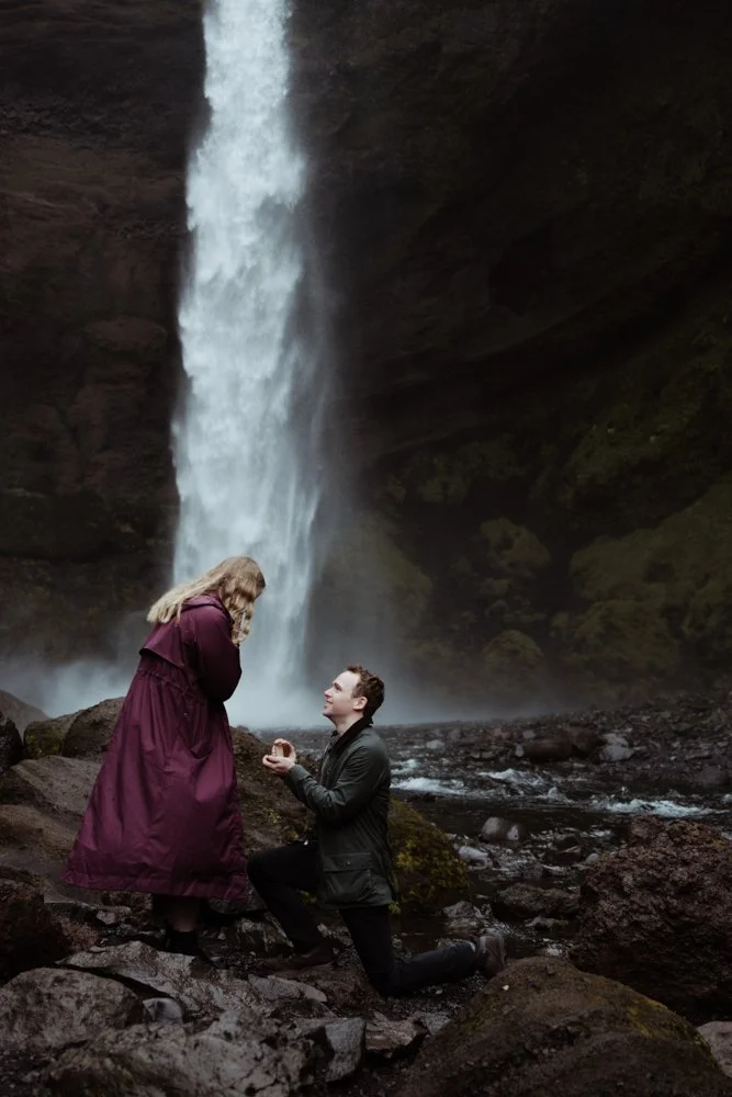 William proposing to Kelsie at Kvernufoss waterfall in South Iceland