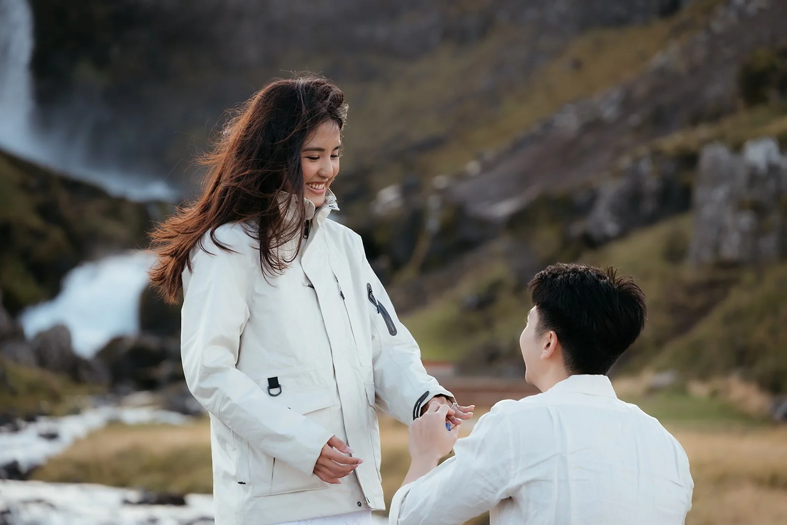 Euphrasia reacting to Luke's surprise waterfall proposal in Iceland