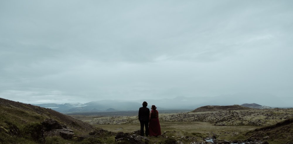Chey and Joe during their solar eclipse elopement in Snæfellsnes, Iceland.