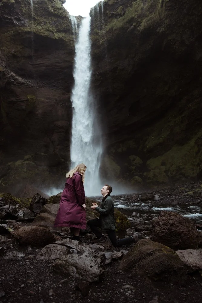 William and Kelsie alone at Kvernufoss during their early morning proposal