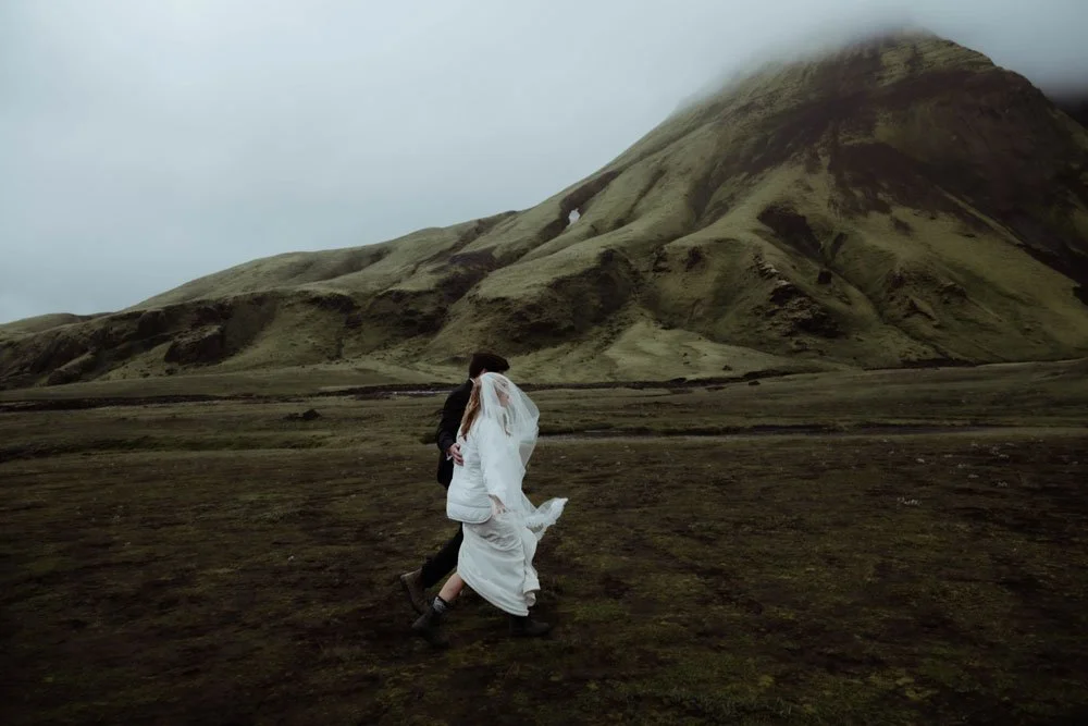 bride and groom in their wedding in the highlands of Iceland