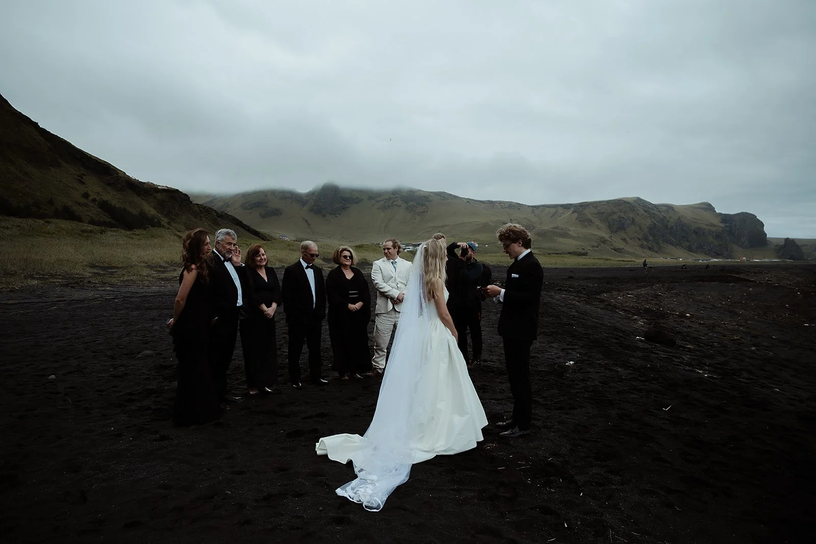 Couple celebrating their Iceland elopement with family at a location requiring little walking.