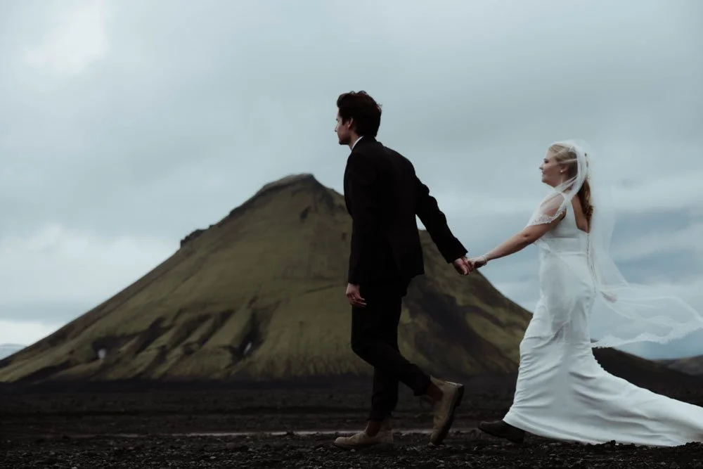 bride and groom in their wedding in the highlands of Iceland