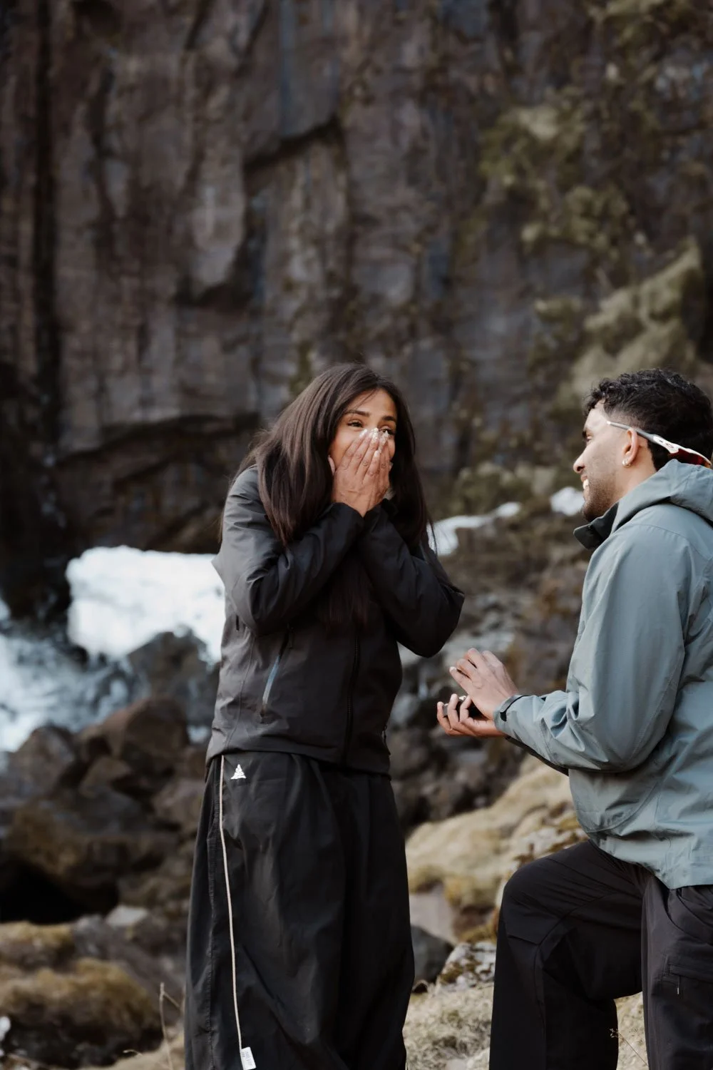 surprise proposal at Snaefellsnes Peninsula waterfall