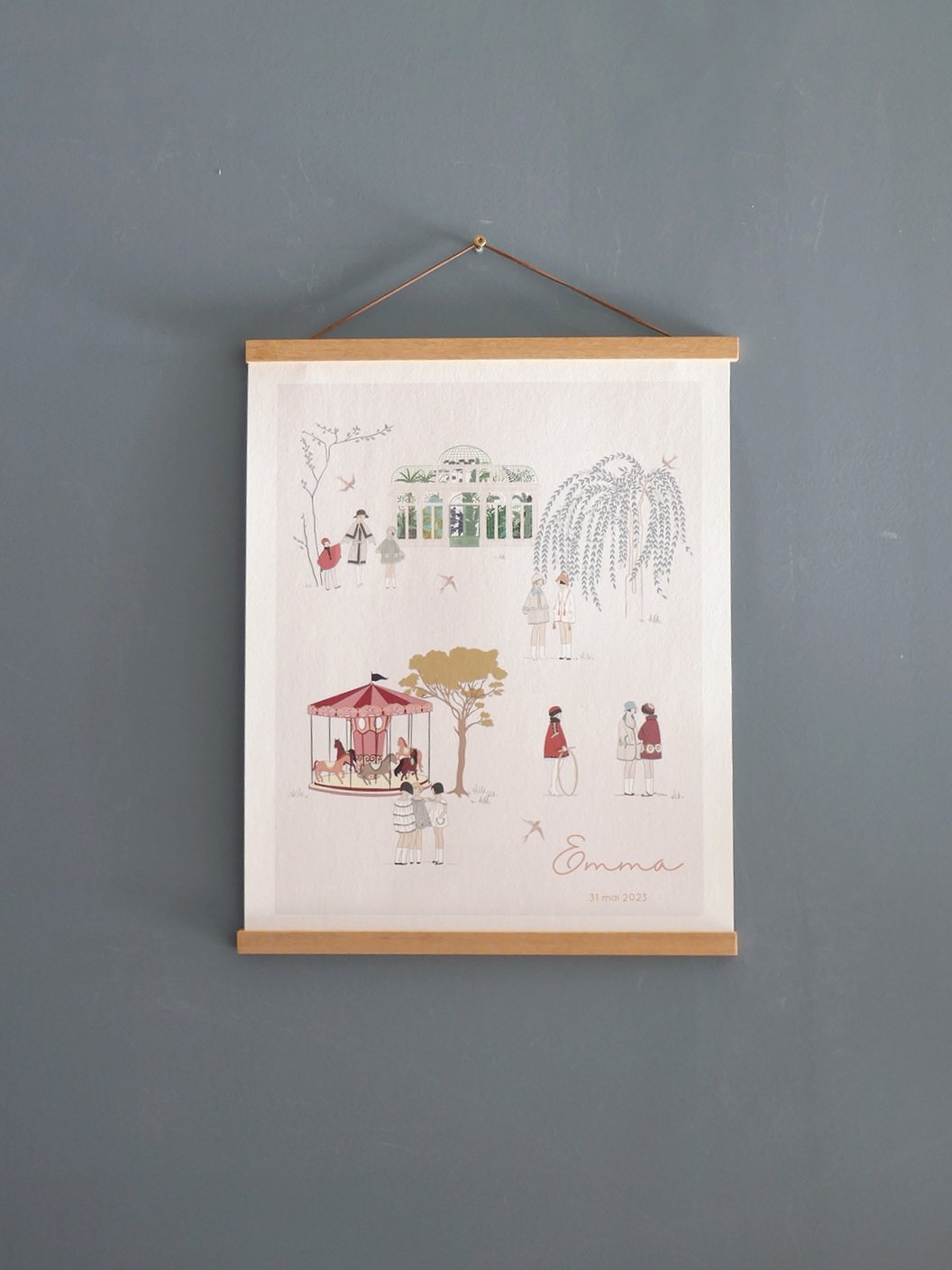 Affiche personnalisable dans un style rétro avec des saynètes de fillettes au fil des saisons.