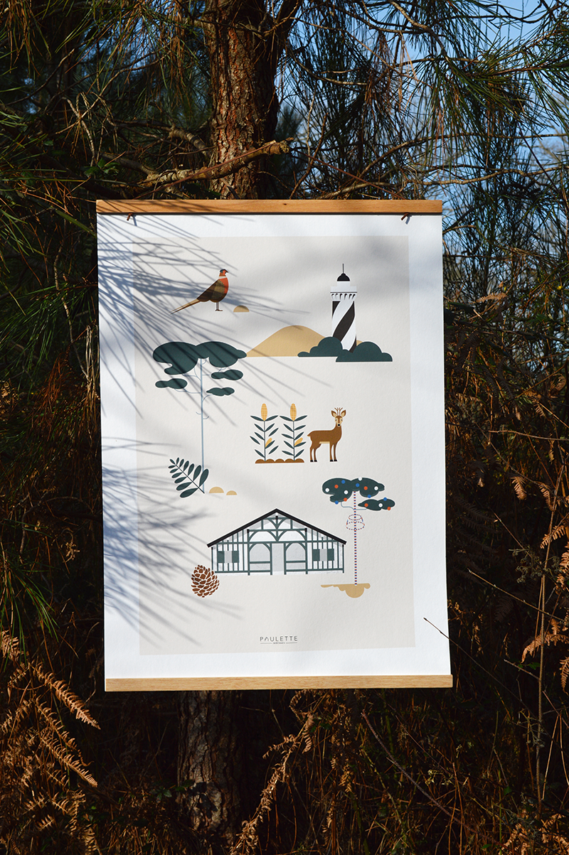 Affiche Saubrigues inspirée des Landes et de son folklore dans un style épuré et minimaliste dans des tons de vert bleutés.