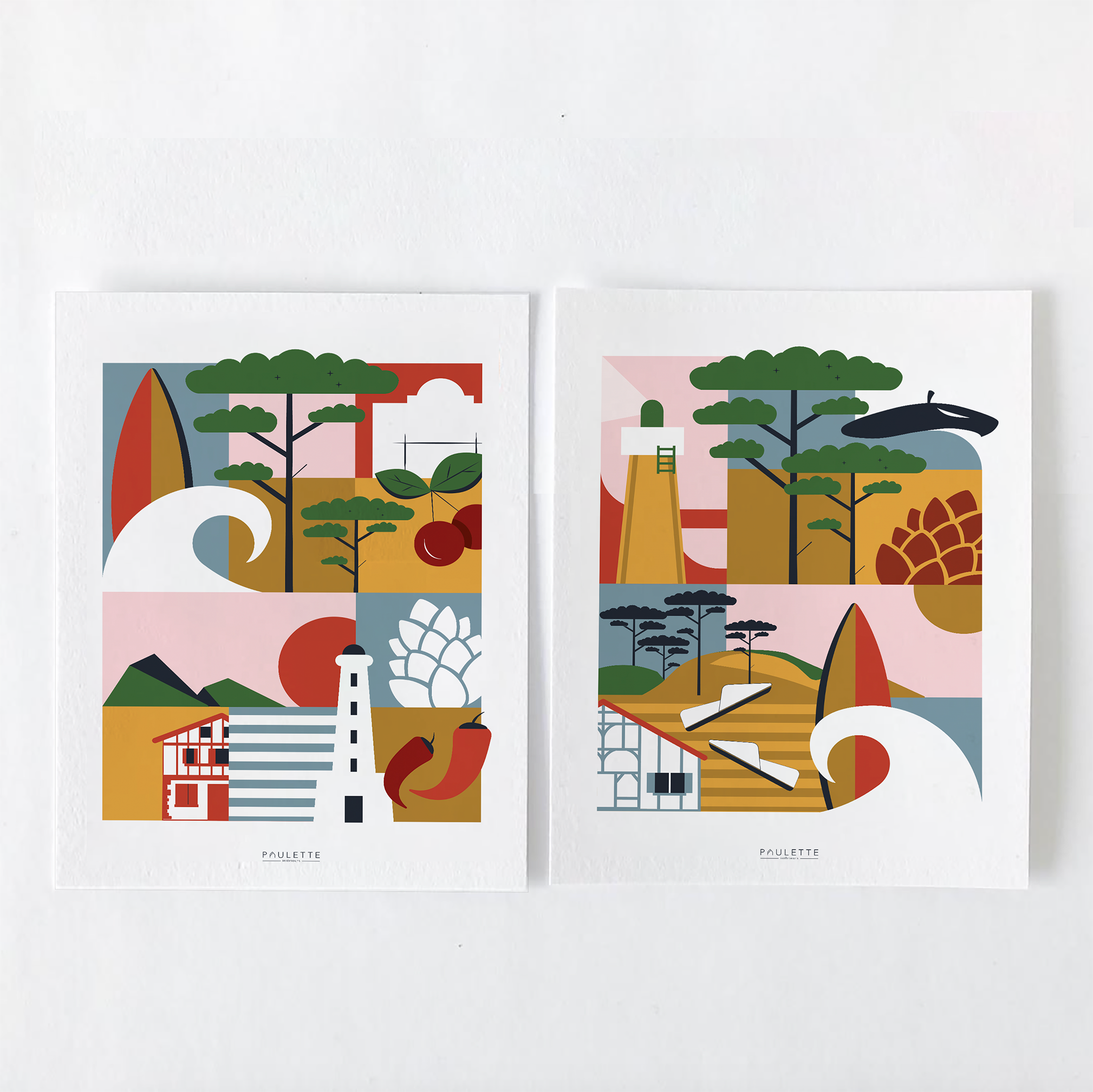 Duo d'affiches Landes et Pays Basque colorées et joyeuses pour les amoureux de la région Sud Ouest.