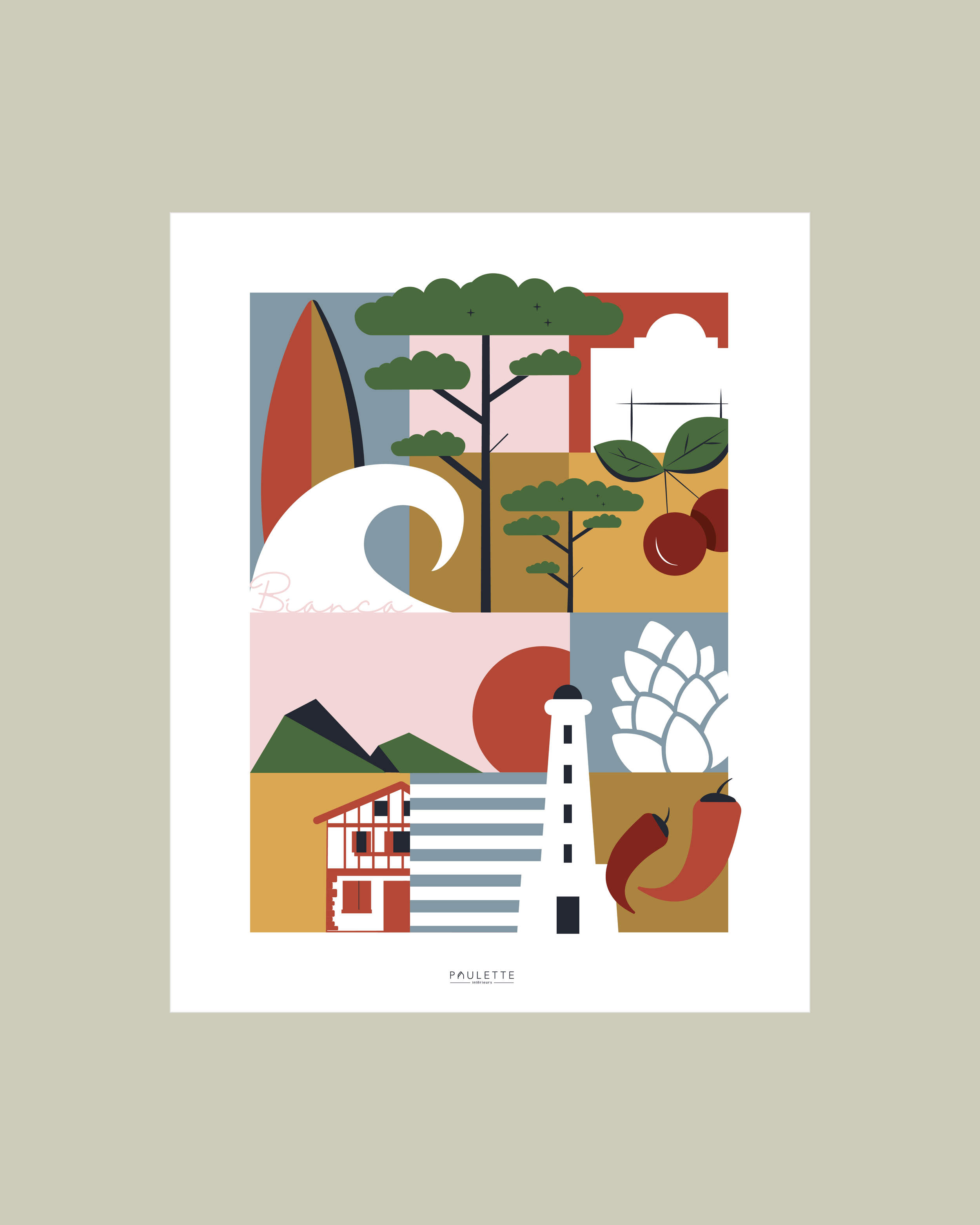Affiche Biarritz personnalisabe graphique et colorée représentant le Pays Basque.