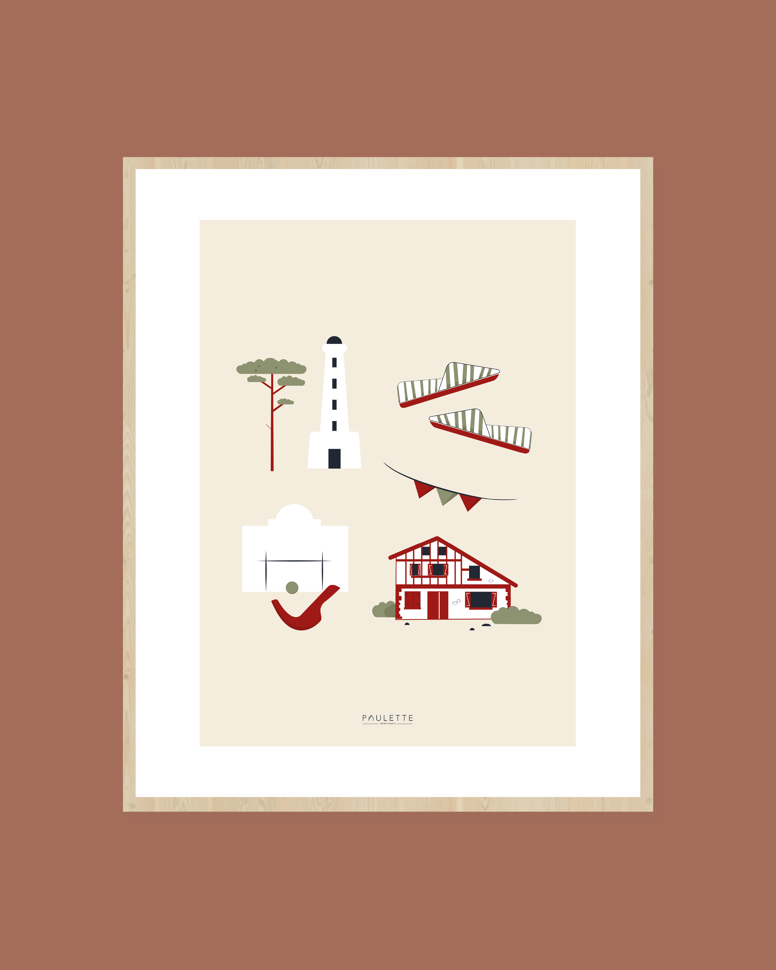 Affiche du Pays Basque minimaliste avec ses symboles sur fond beige, le fronton, la maison, les espadrilles.