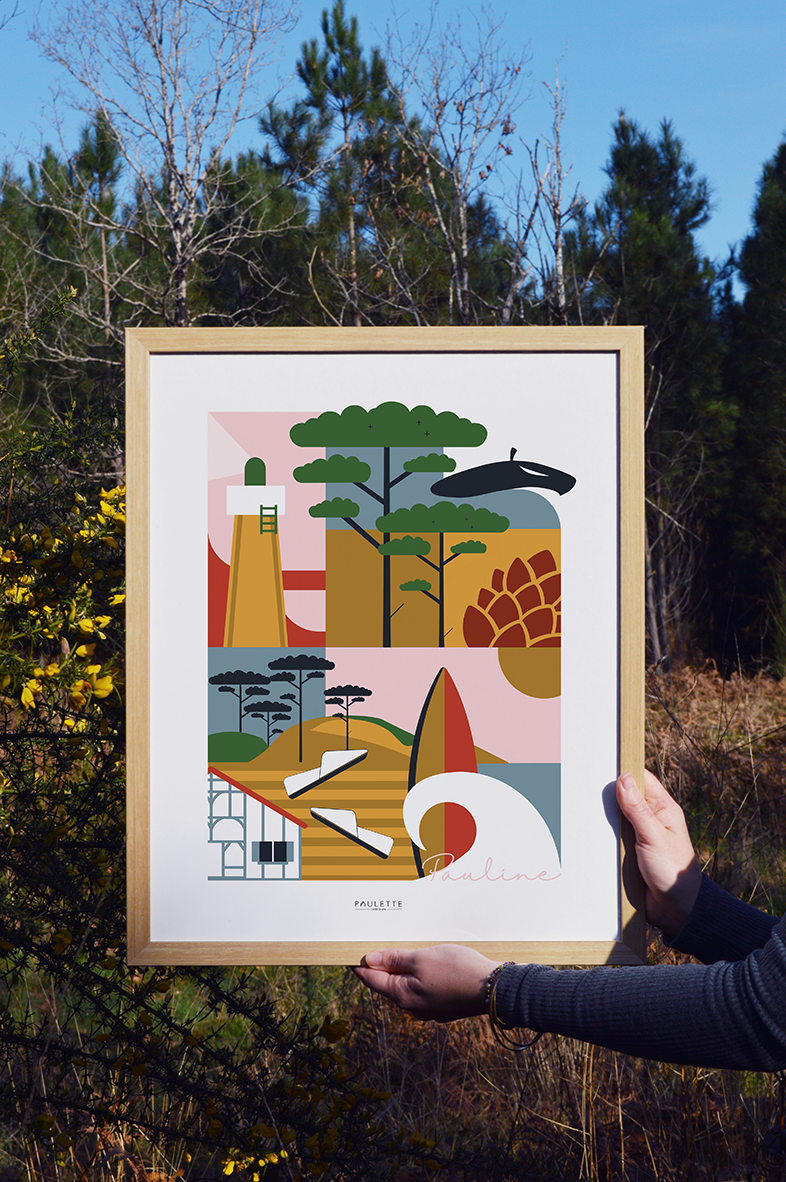 Affiche inspirée des Landes personnalisable pour vous, ou à offrir. Ajoutez jusqu'à 3 prénoms et choisissez la couleurs pour un cadeau 100% sur-mesure.