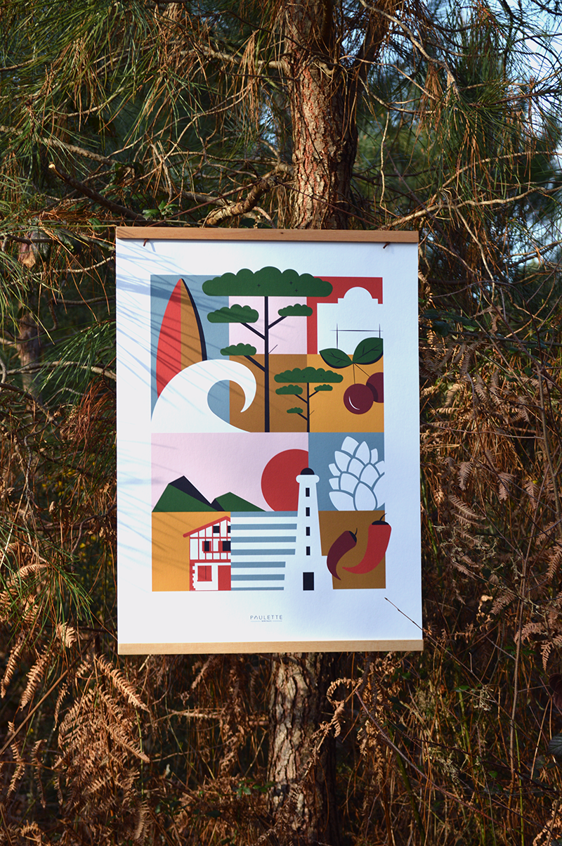 Affiche Biarritz colorée et graphique dessinée dans les Landes inspirée du Pays basque.