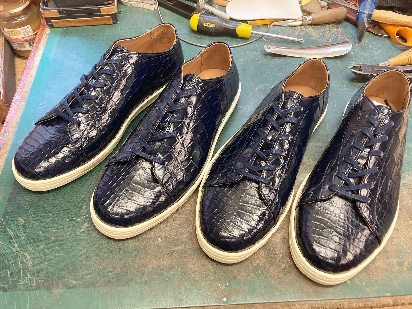 Just finished!  The &lsquo;Jack&rsquo; in millennium blue alligator. Our first trainer has received phenomenal response from around the world and offered bespoke in many unique materials.  Shown here is just one recent example. #geprgecleverley #besp