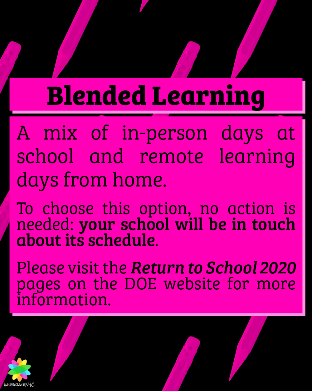 Blended learning: A mix of in-person days at school and remote learning days from home.
To choose this option, no action is needed: your school will be in touch about its schedule.
Please visit the Return to School 2020 pages on the DOE website for