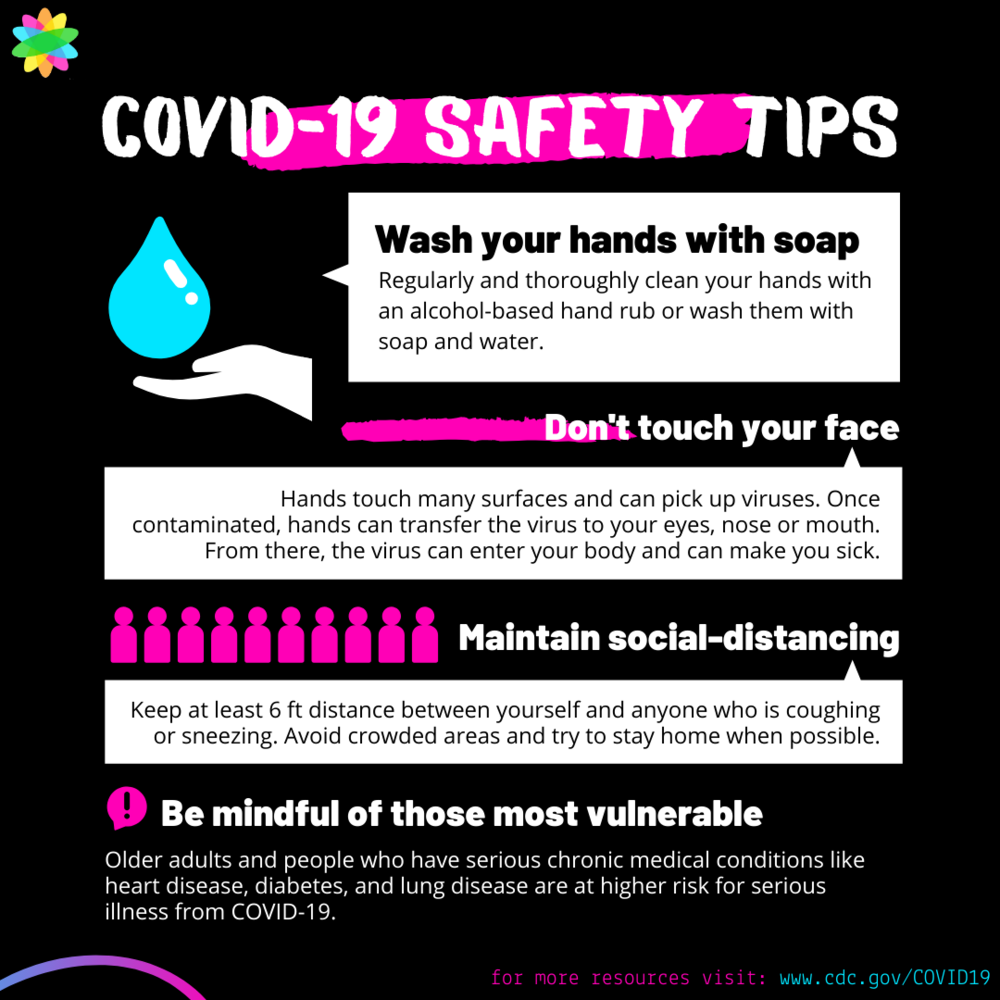 COVID-19 Safety Tips. Wash your hands with soap, regularly and thoroughly cleans your hands with an alcohol-based hand rub or wash them with soap and water. Don't touch your face, Hands touch many surfaces and can pick up viruses, once contaminated,