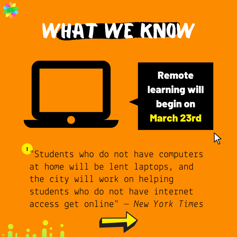 What we know, Remote learning will begin on March twenty-third, students who do not have computers at home will be lent laptops and the city will work on helping students who not have internet access get online from New York Times