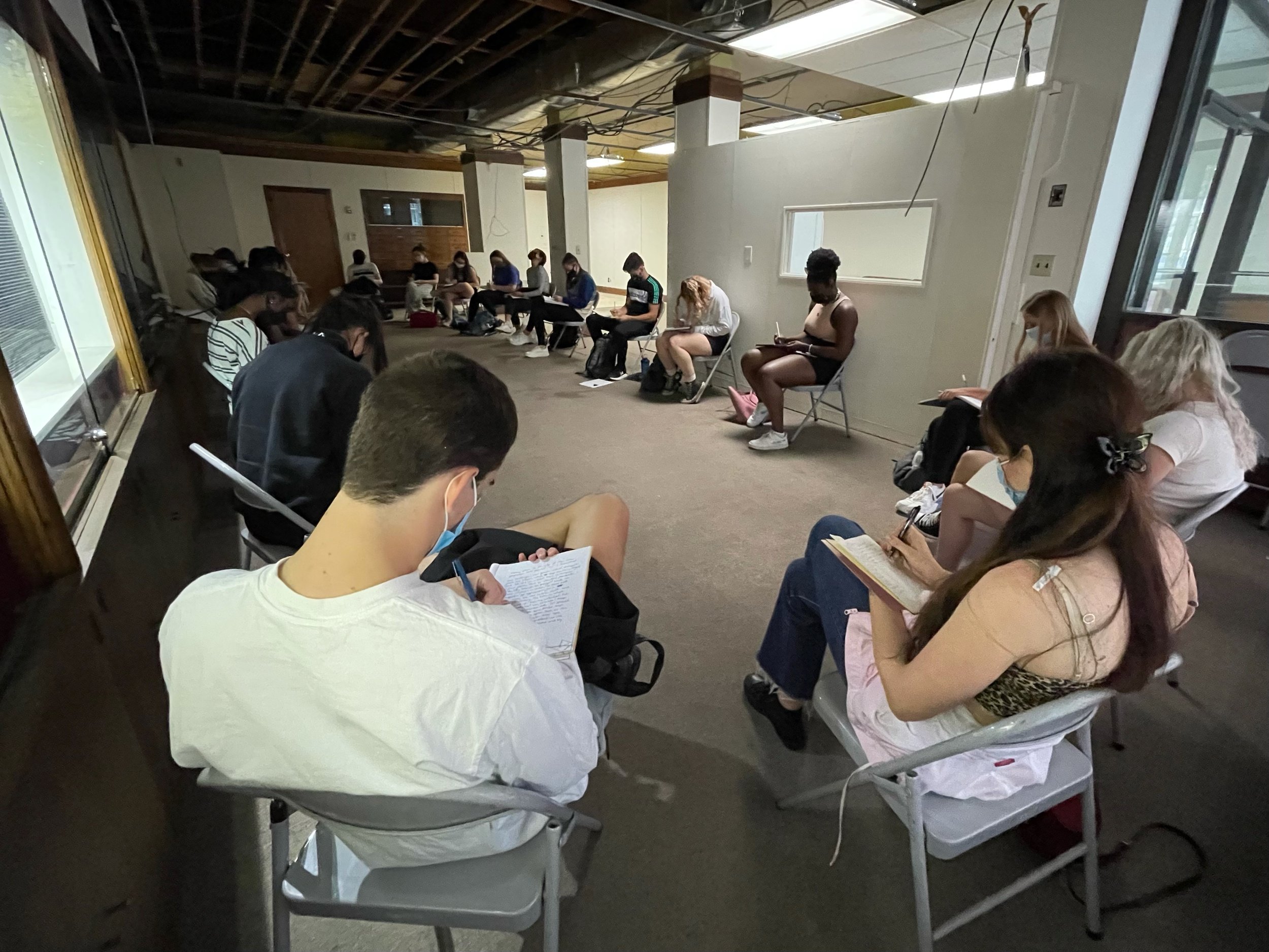   On the first day of class, RPI students in Michael Oatman’s Vertical Studio take notes on their impressions of the raw space.  