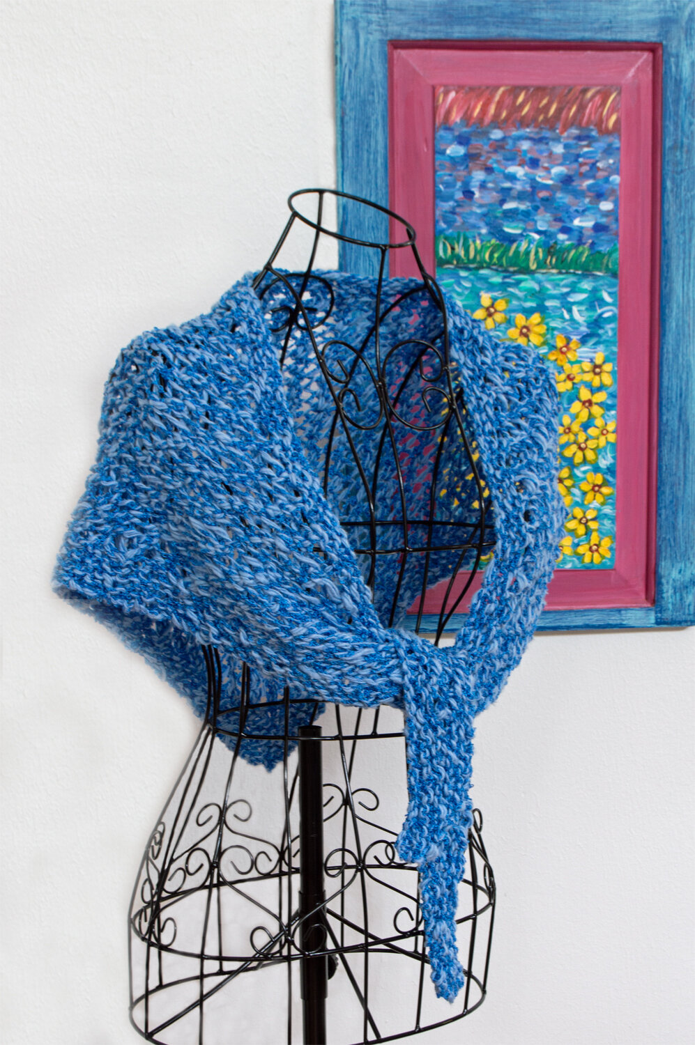 Blue 2-tone Knit Lace Shawl