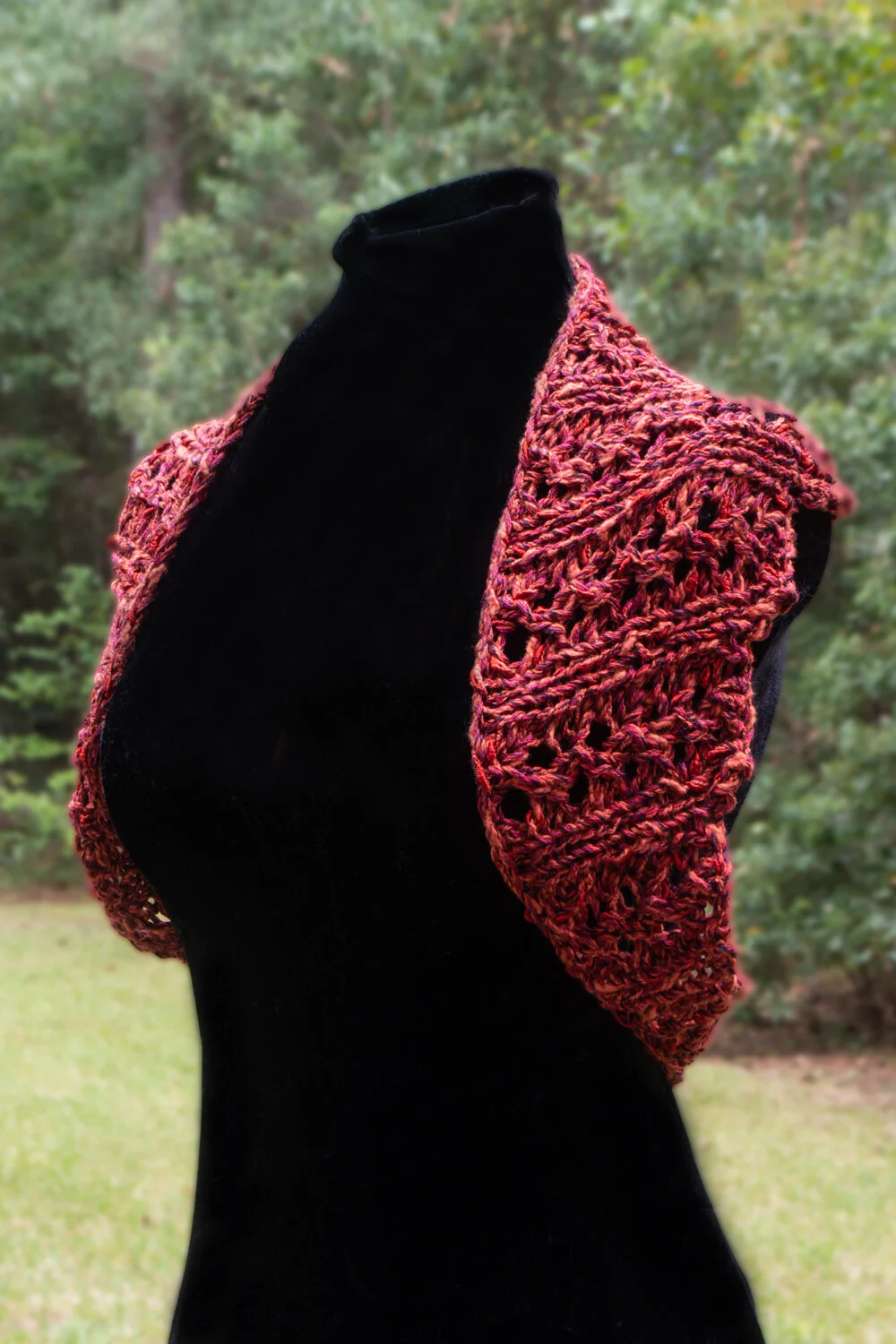 Red-orange 3-way as a Shrug, front view