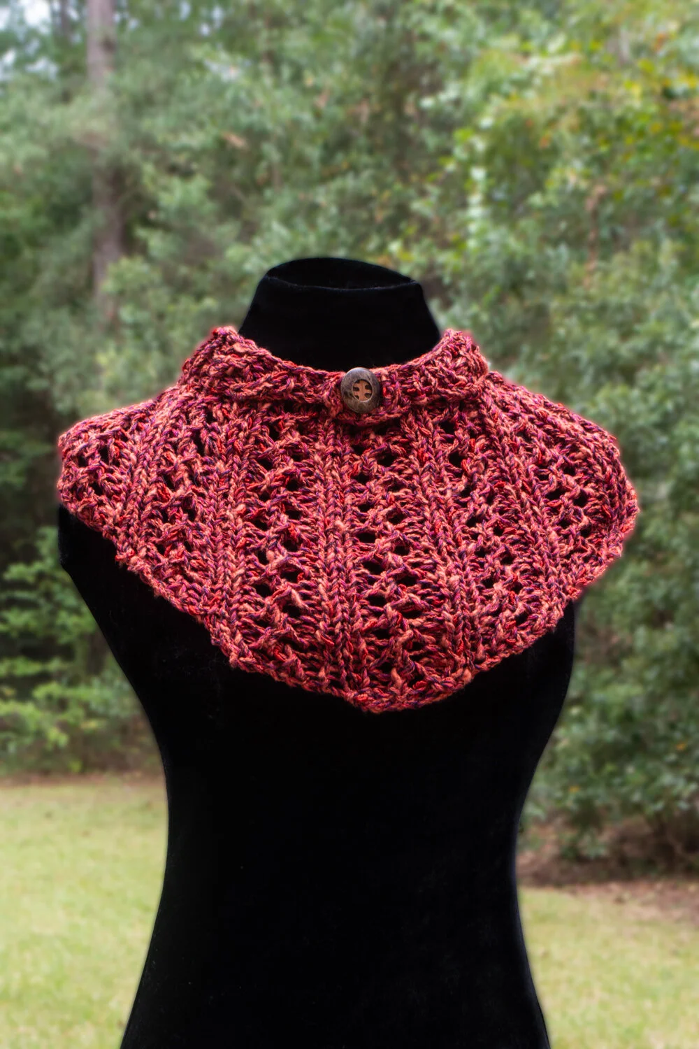 Red-orange 3-way as a buttoned Cowl