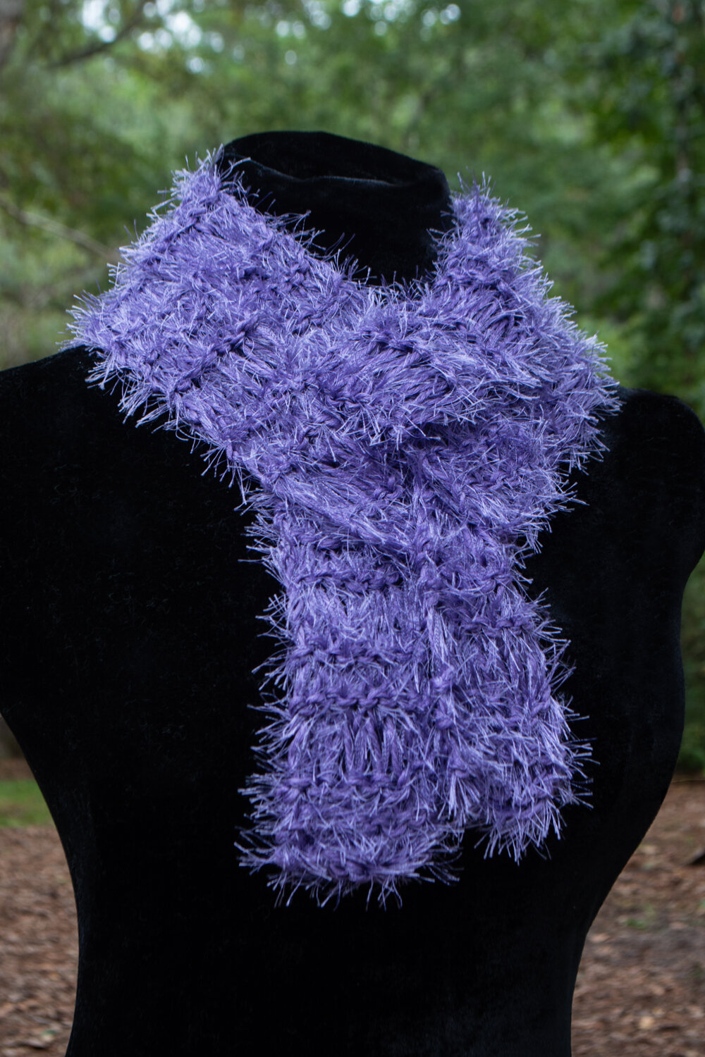 Lavender Cotton and Eyelash Knit Scarf, worn interwoven