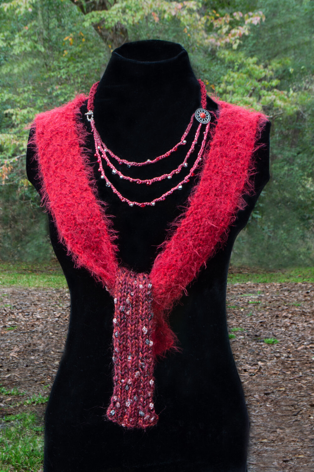 Red Scarf with Silver and Black, shown with Necklace