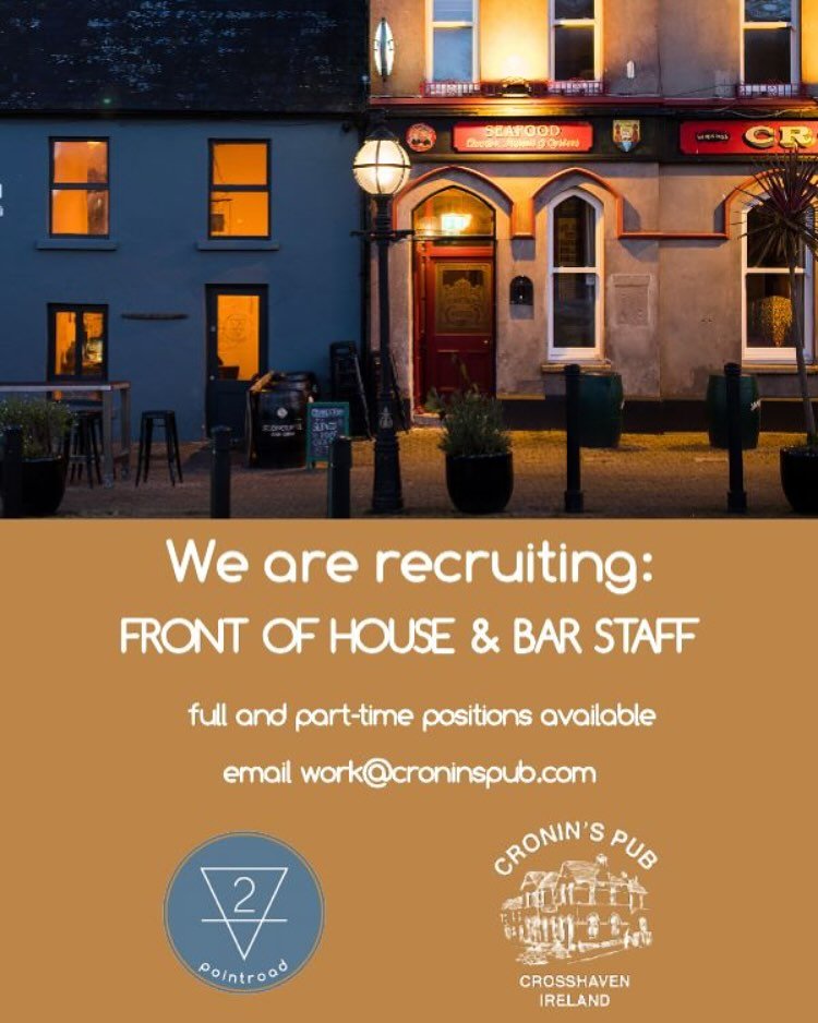 Come join our fun, dynamic, and driven team. 

There are positions available in Front of House as well as the Bar, from bar backs and back servers to shift leads.

Email us work@croninspub.com or drop in your CV to management, if you know you have wh
