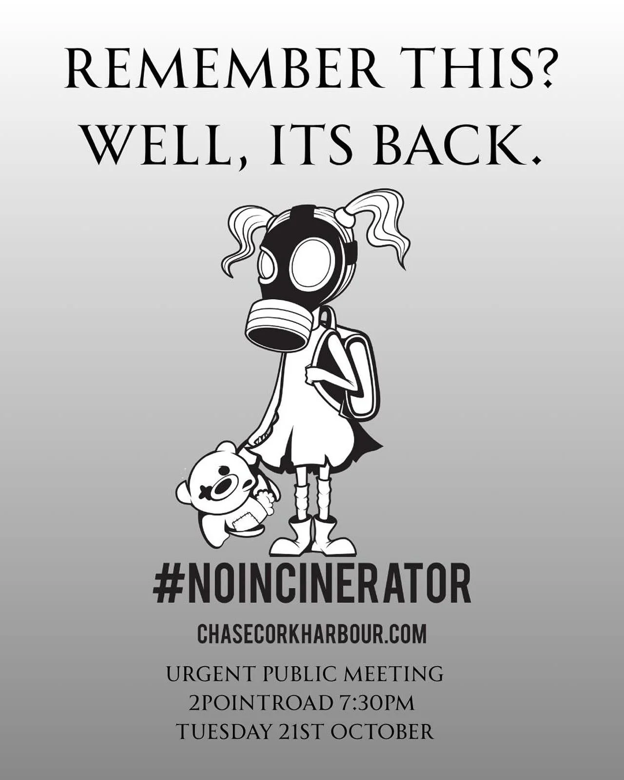 TUESDAY 21st OCTOBER PUBLIC MEETING

The planning application for a 240 tonne incinerator in the centre of Cork Harbour is once again live. This has been going on for 25 years.

Come to the meeting. Spread the word. Let&rsquo;s finally finish this. 
