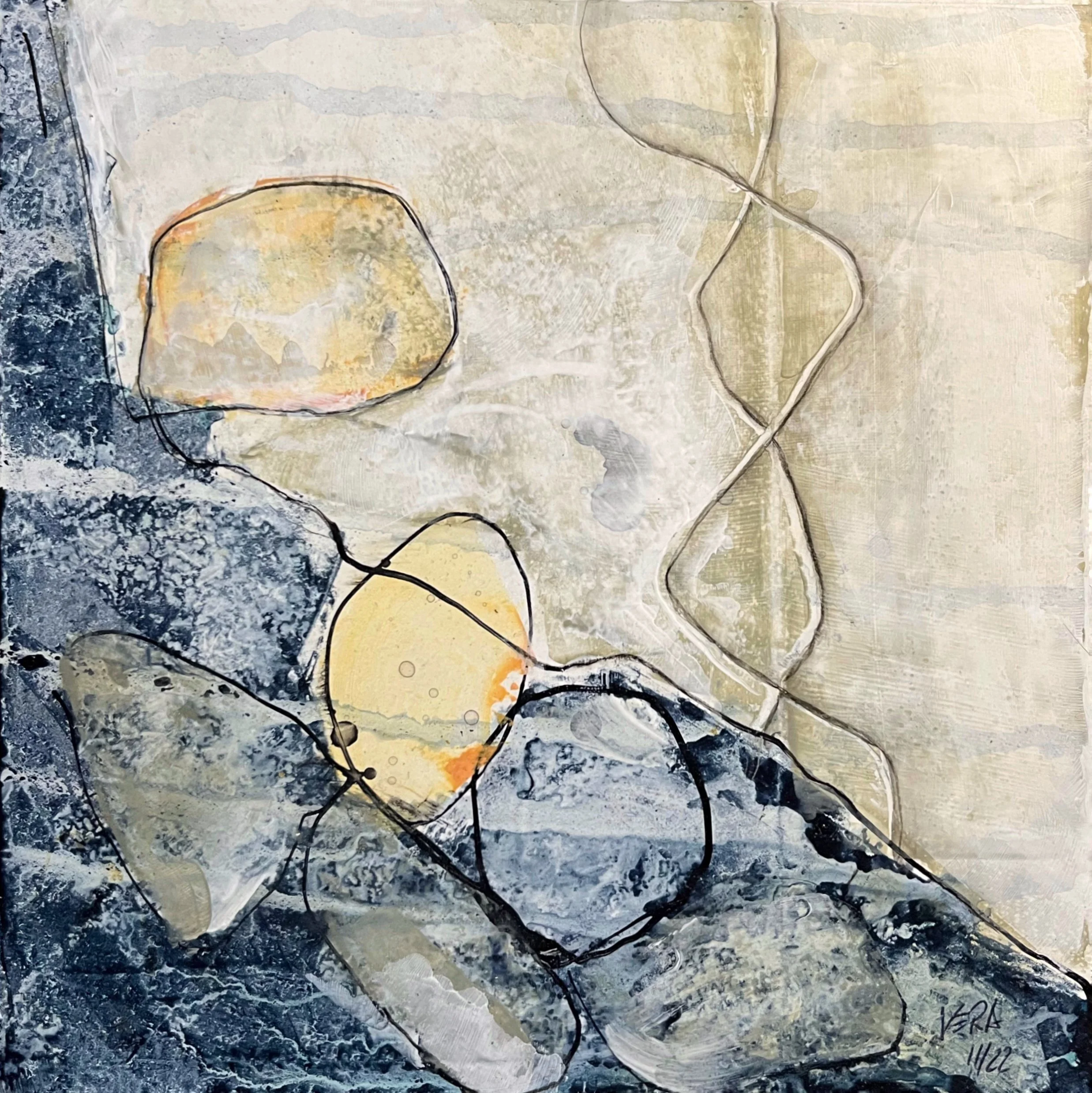 Steinpapier auf Holzplatte; 20 x 20 cm; Autumn impression # 2