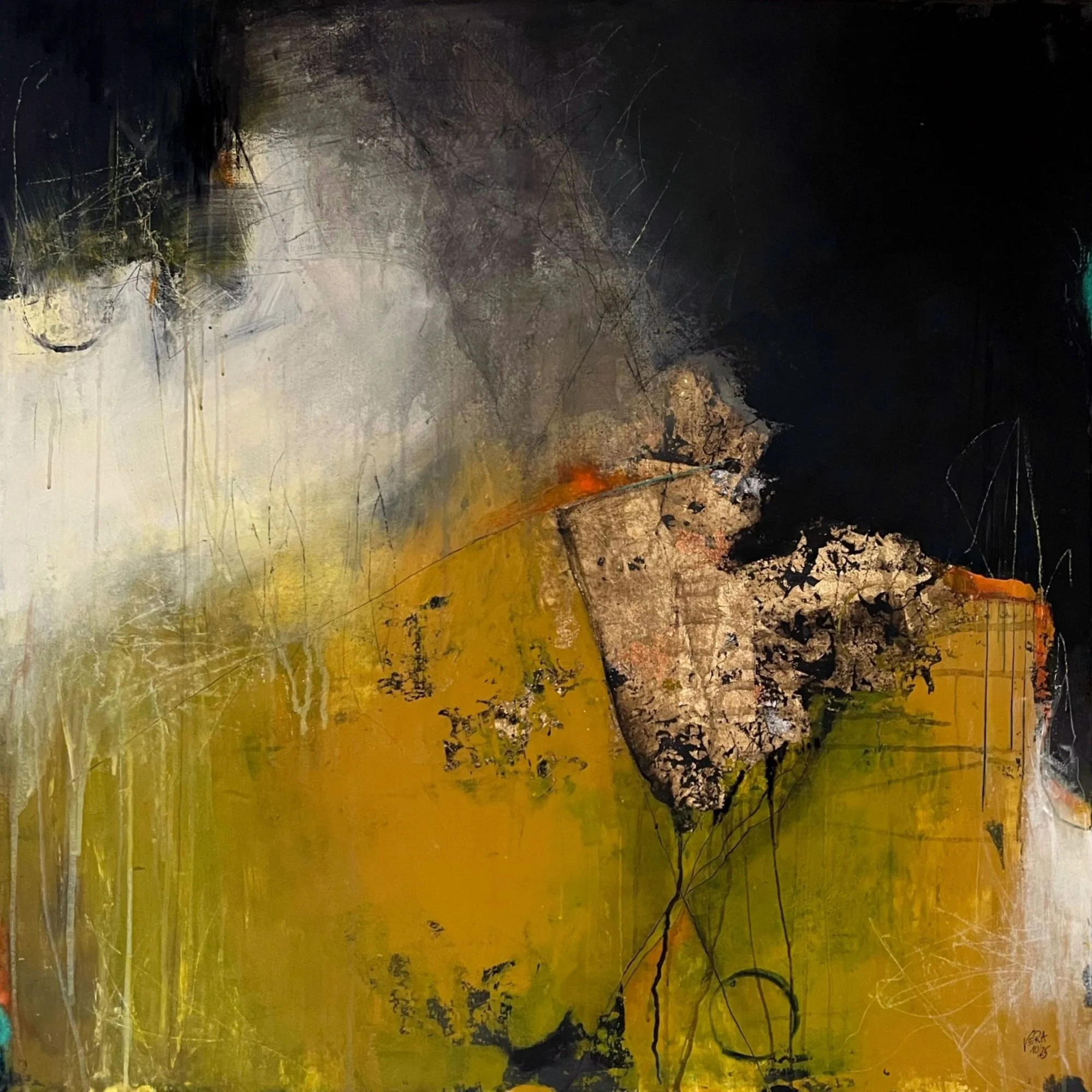 Of disappearance and becoming 
N° 01 10 25 -
100 x 100 cm -
3200,- € - 
acrylics, gold leaf and charcoal on canvas ---- 

Inquire about this artwork / Verfügbarkeit anfragen:
Tap the painting