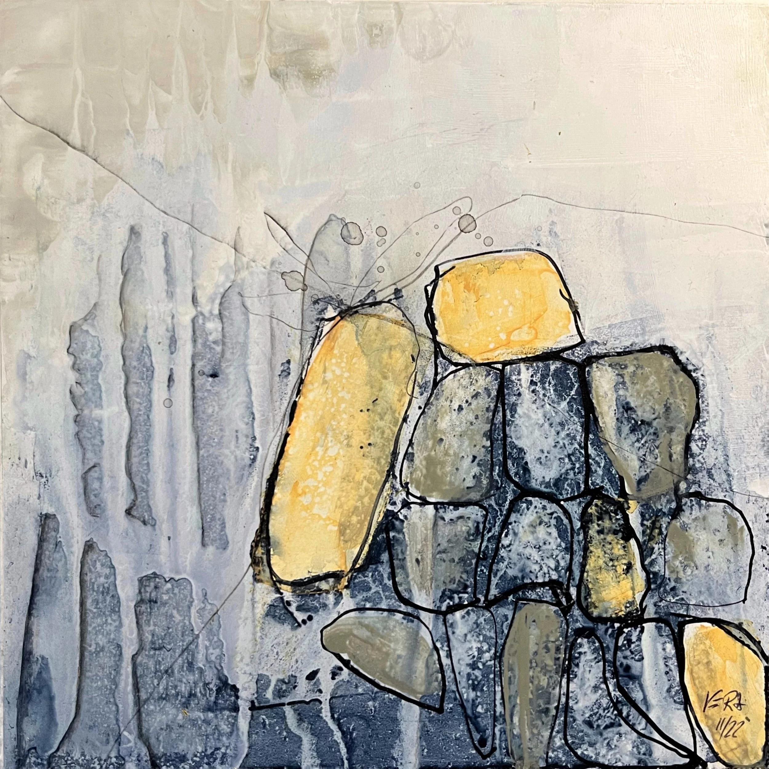 Steinpapier auf Holzplatte; 20 x 20 cm; Autumn impression #1