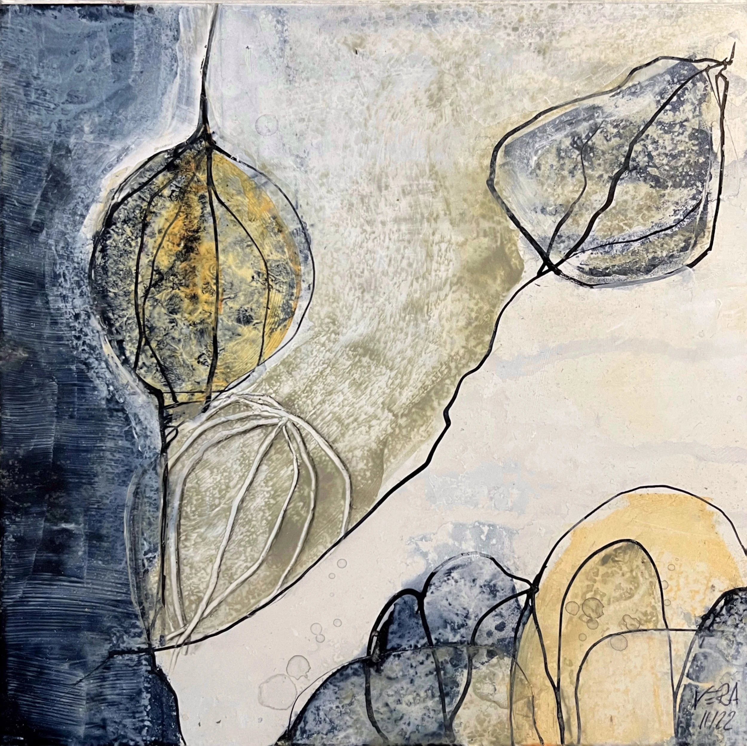 Steinpapier auf Holzplatte; 20 x 20 cm; Autumn impression # 3