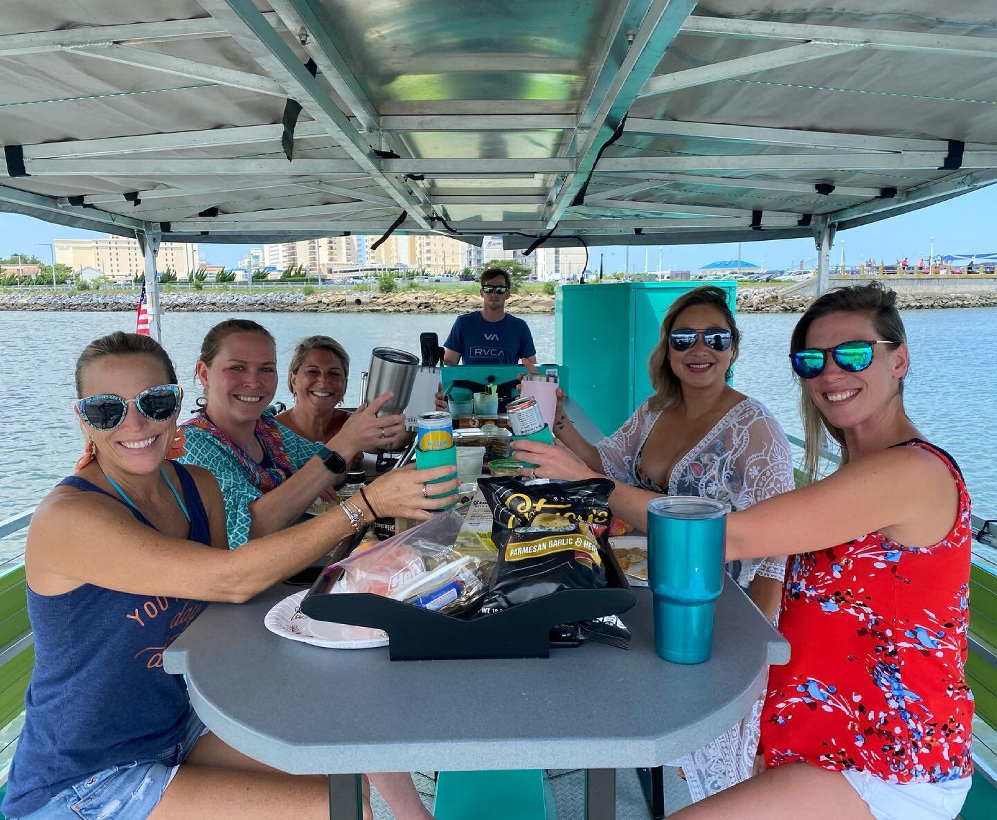 Cheers! Happy Friday. There&rsquo;s still cruises available this weekend. @cbpedalclub #cycleboat #boozecruise #virginiabeachoceanfront #rudeeinlet