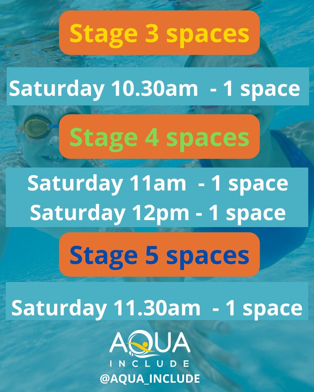 Spaces available next month for our Saturday Stage 3,4 &amp; 5 lessons! 🏊

- Lessons capped at 6 swimmers in total 😁🌟

- Lovely warm and welcoming pool! ✨

- Great opportunities for learning &amp; progress, with the whole pool to swim in! 

Please
