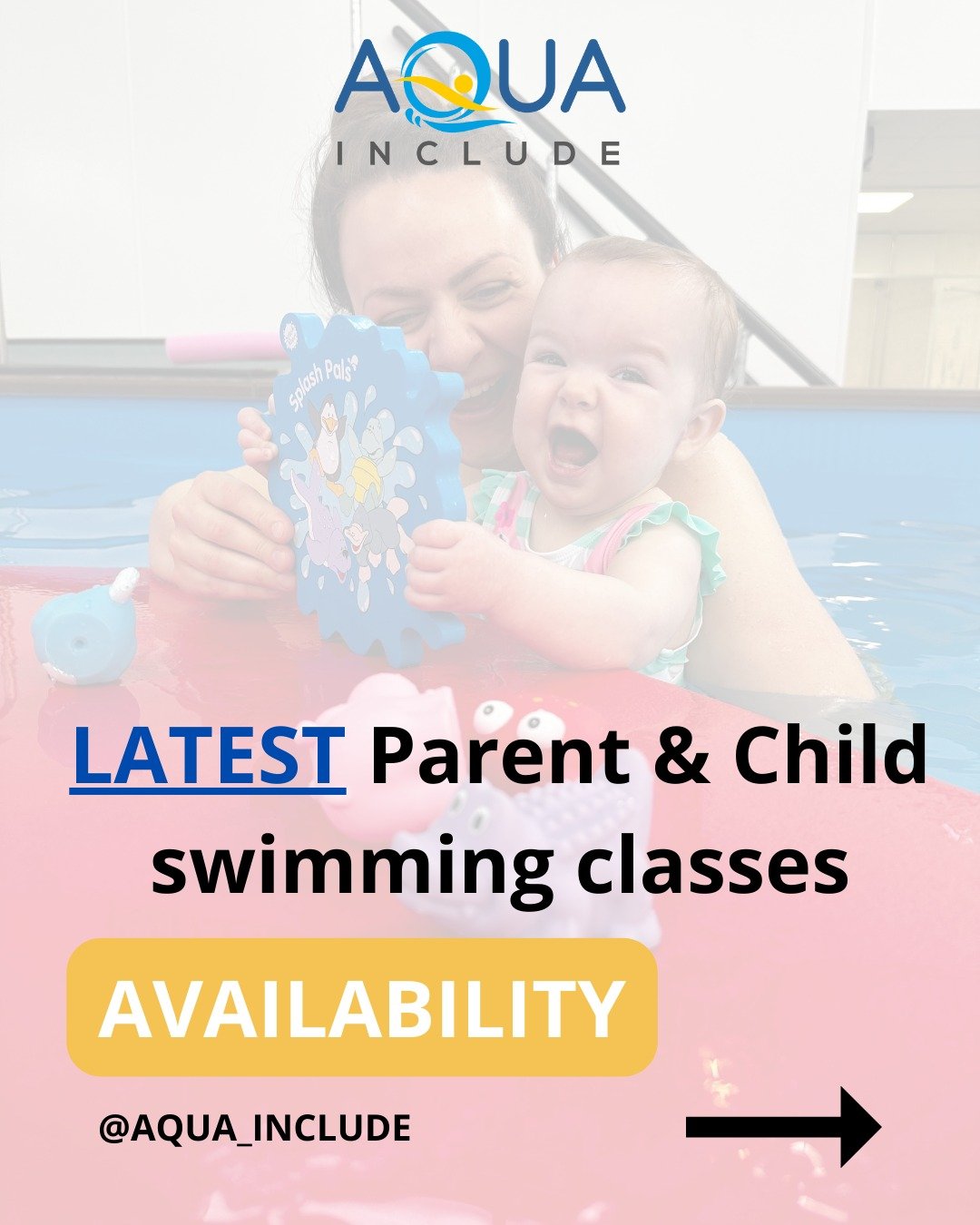 Our current parent &amp; child swimming classes for January (a few available before)
🏊〰😃.
Visit www.aqua-include.co.uk/register
to register for one of these spaces.
- A warm, new and exceptionally clean pool near Castlethorpe
- Classes no bigger th