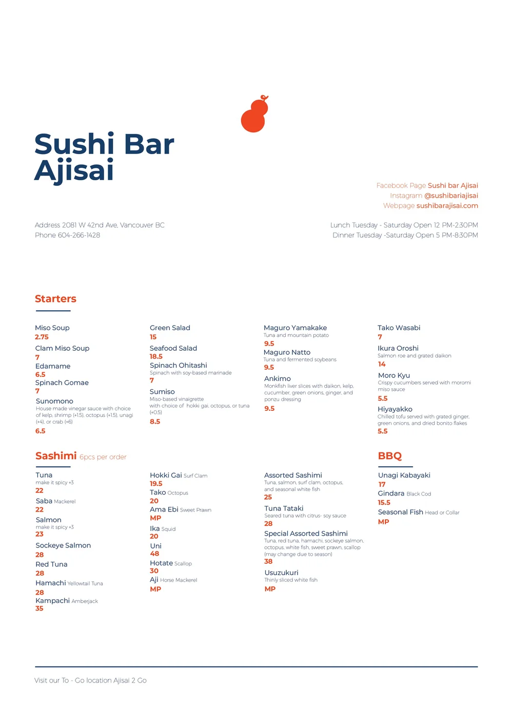 Dine In Menu — Sushi Bar Ajisai