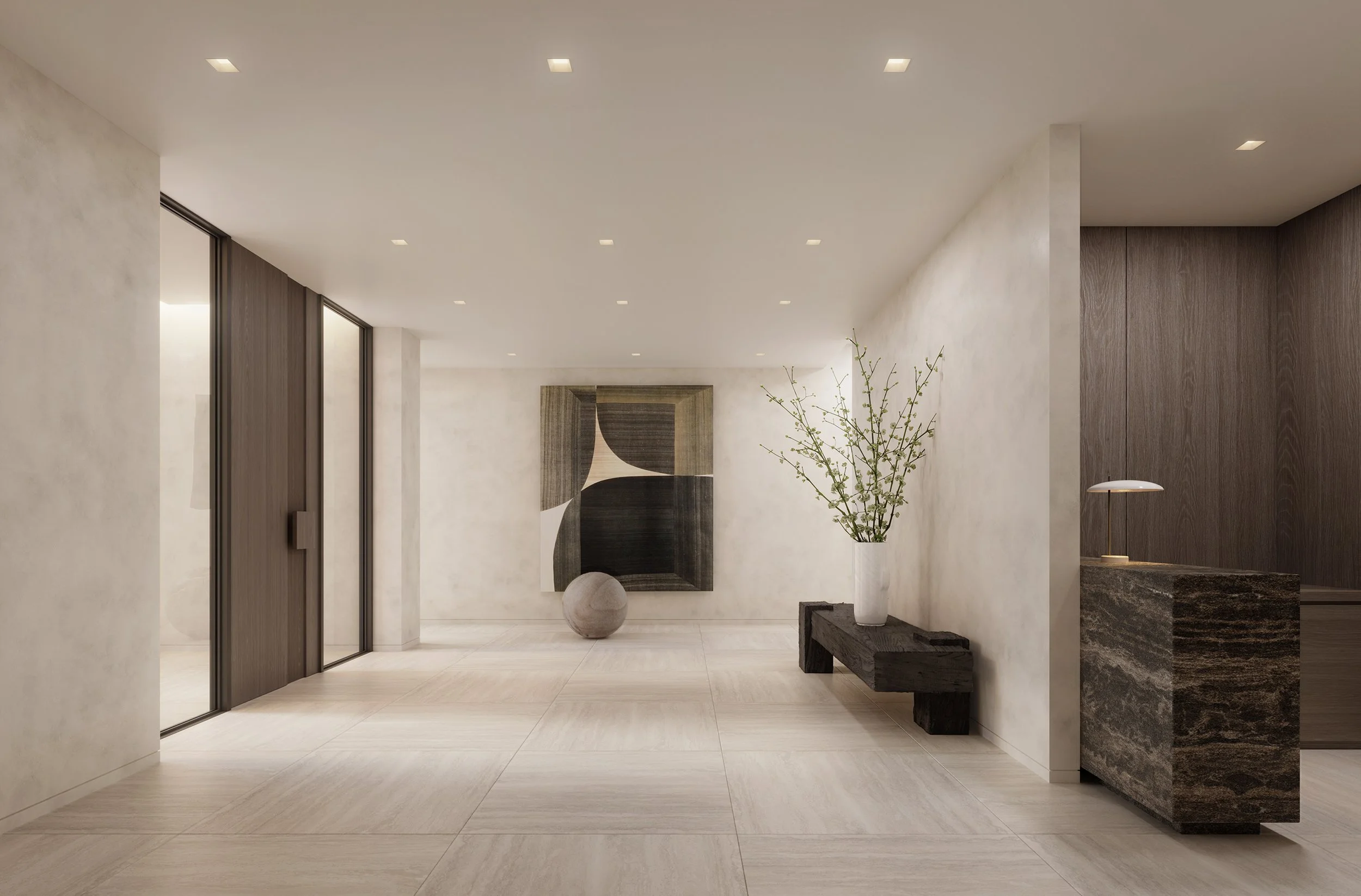 Modern, minimalist interior with warm plaster walls, wooden accents, and decorative elements including a large abstract artwork, a white vase with branches, and a bench, illuminated by recessed ceiling lights.