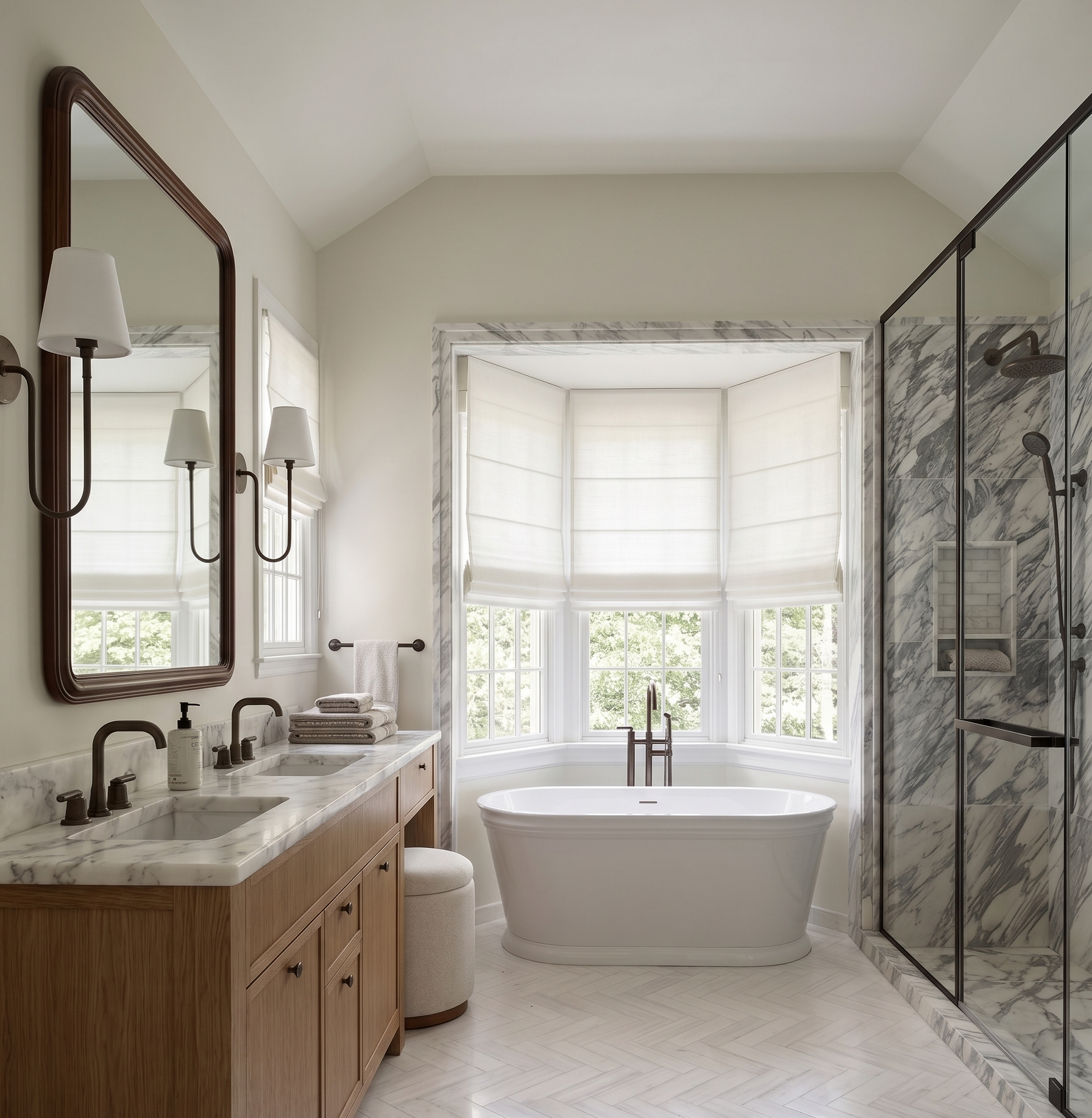 A spacious and modern bathroom featuring a freestanding bathtub positioned in front of a large window with white blinds, a wooden vanity with a marble countertop and dual sinks, and a glass-enclosed shower with marble walls. There are wall-mounted lamps and neatly folded towels on the vanity.
