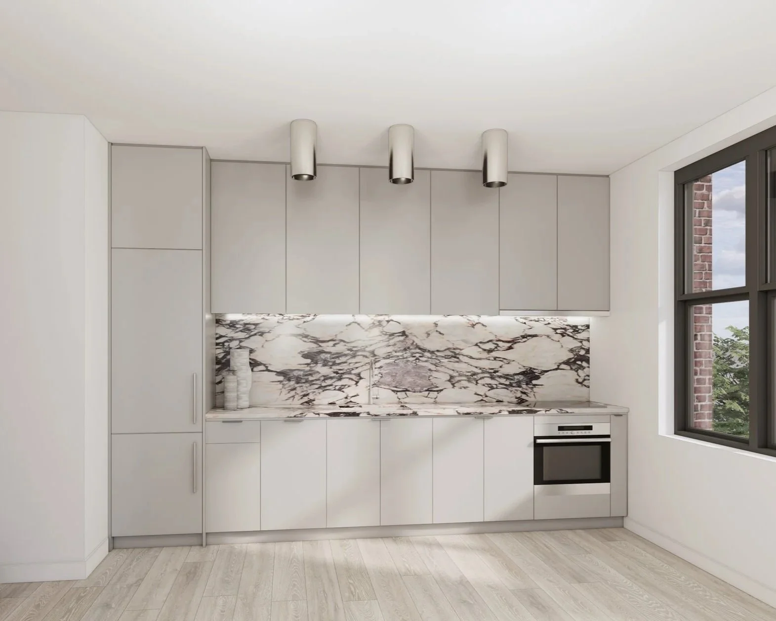 Modern kitchen with white cabinets, marble backsplash, and a window with a view of a brick building and trees.